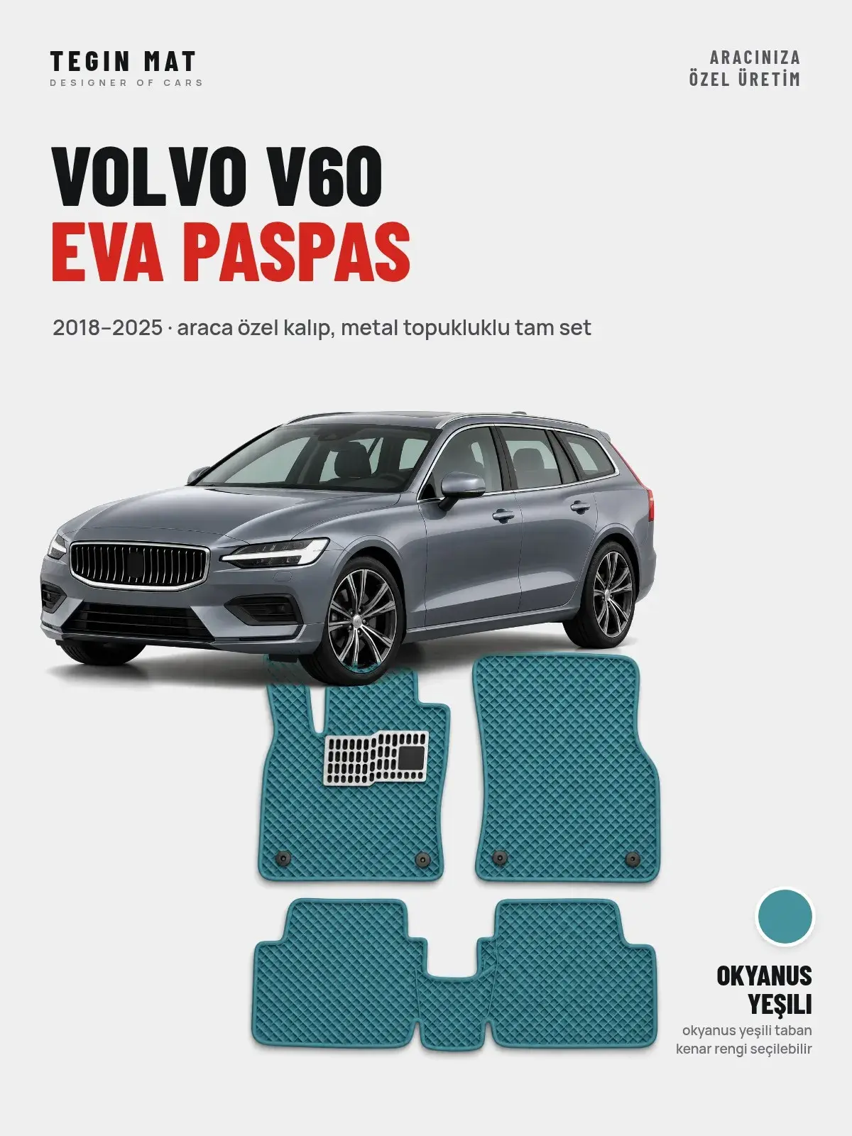 Volvo V60 EVA Oto Paspas Tam Set (2018–2025) Okyanus Yeşili – Araca Özel Kalıp (1)