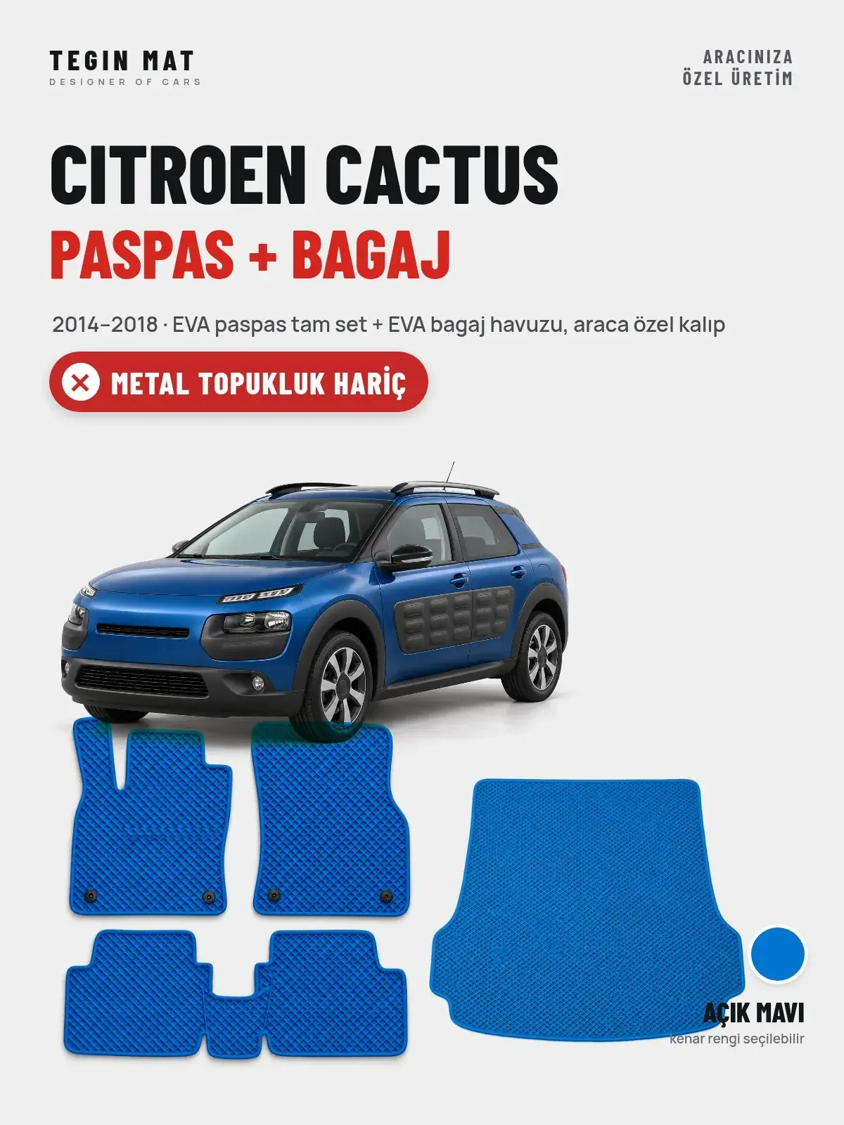 Citroen Cactus EVA Paspas + Bagaj Havuzu Seti (2014–2018) Açık Mavi – Metal Topukluk Hariç (1)
