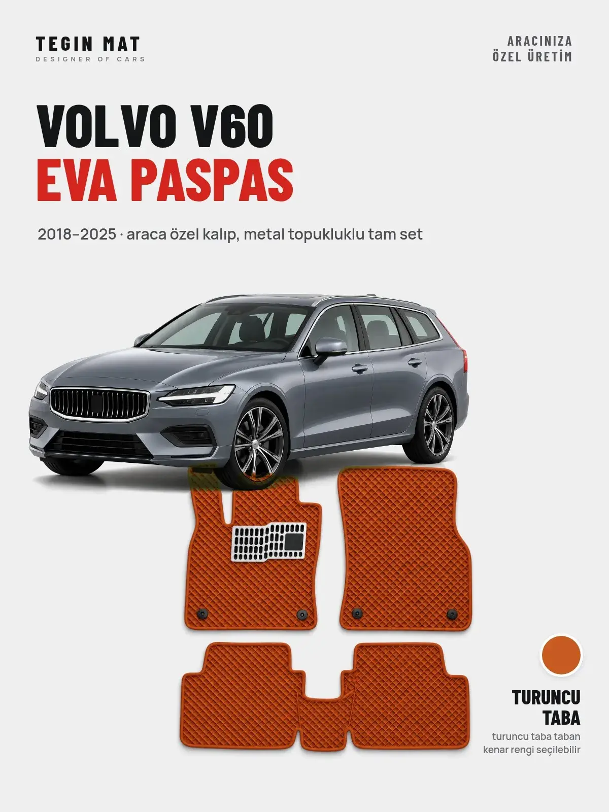 Volvo V60 EVA Oto Paspas Tam Set (2018–2025) Turuncu Taba – Araca Özel Kalıp (1)