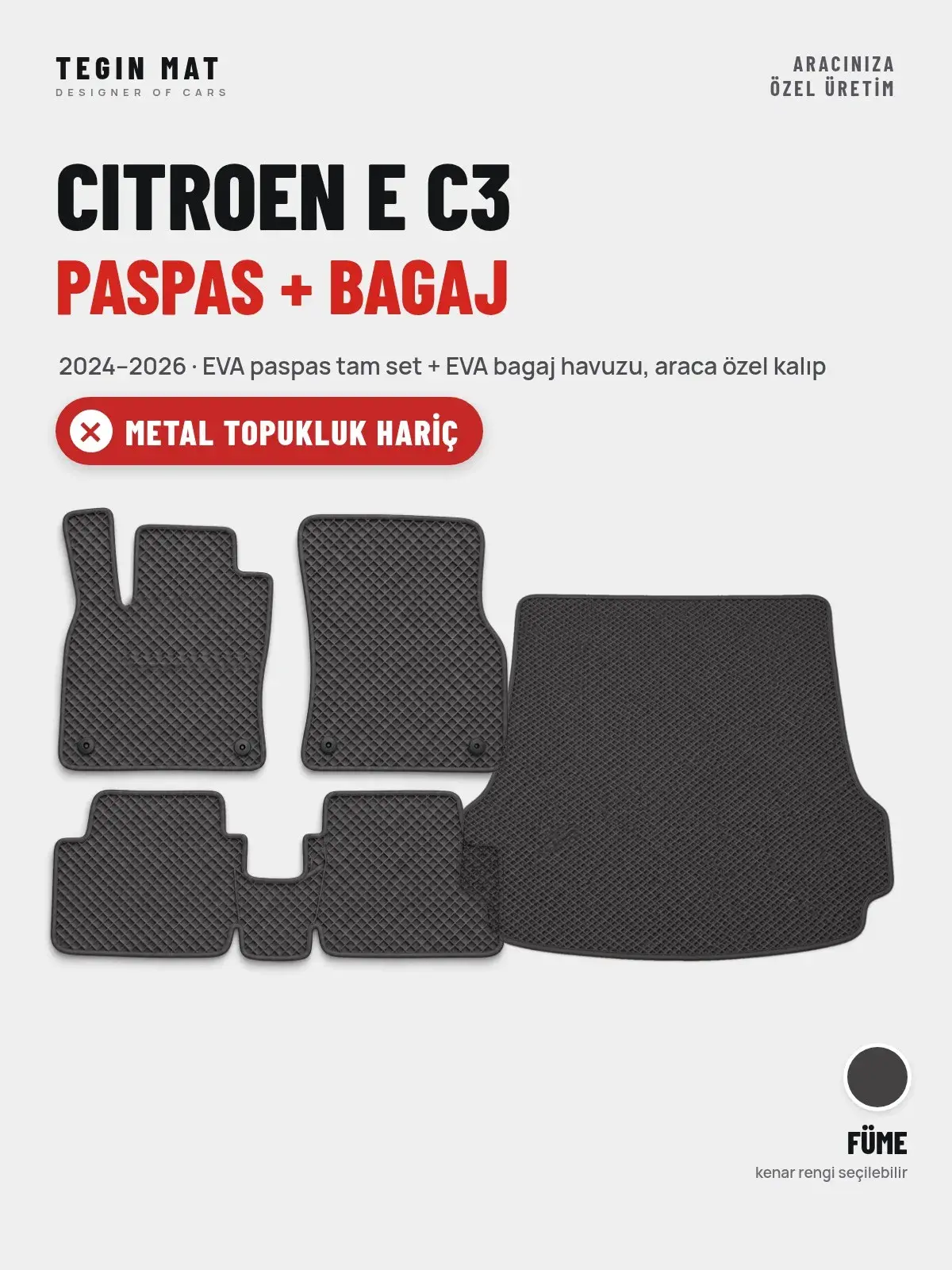 Citroen E C3 EVA Paspas + Bagaj Havuzu Seti (2024–2026) Füme – Metal Topukluk Hariç (1)