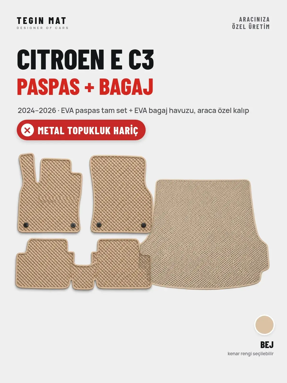 Citroen E C3 EVA Paspas + Bagaj Havuzu Seti (2024–2026) Bej – Metal Topukluk Hariç (1)