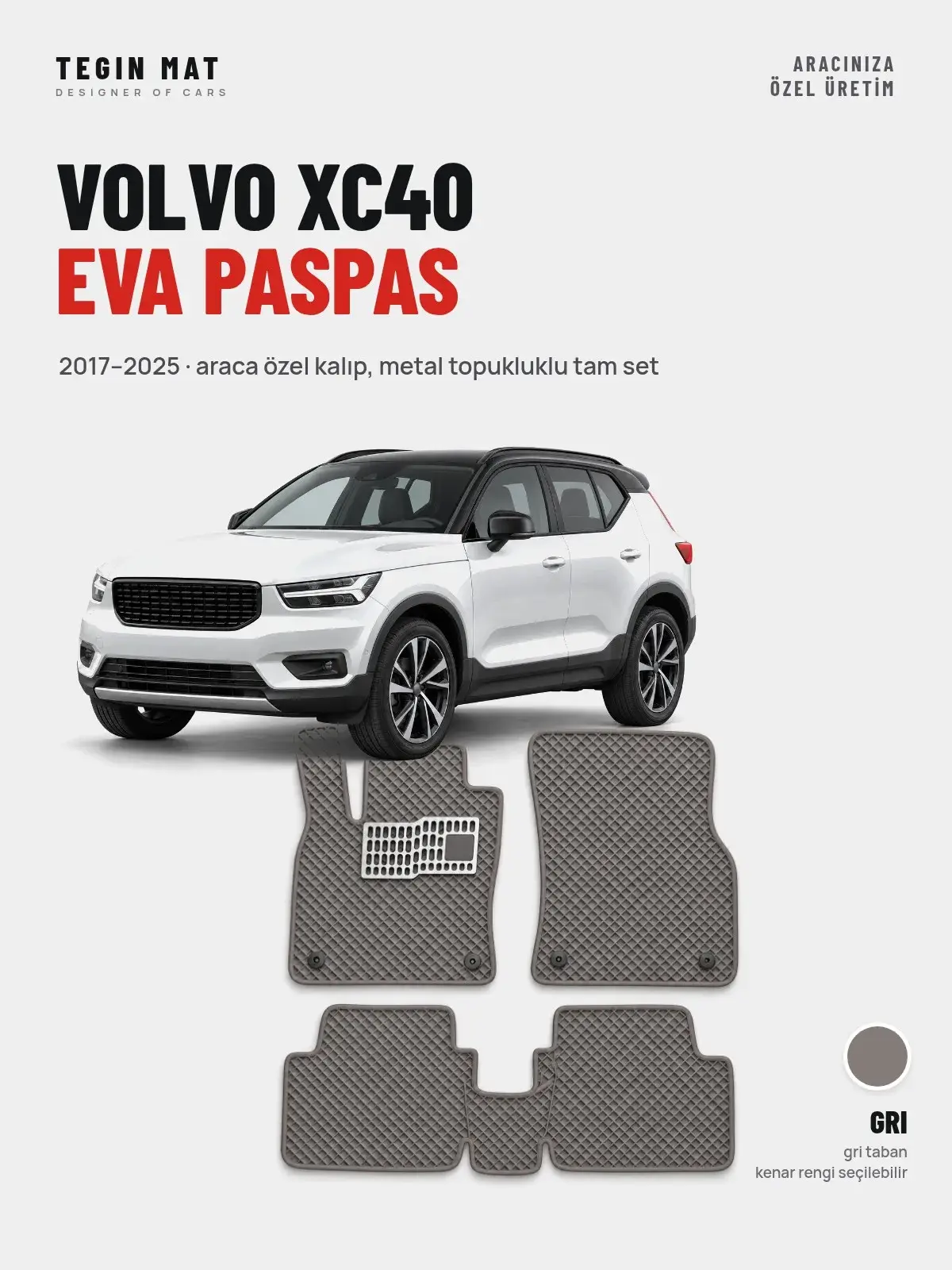Volvo XC40 EVA Oto Paspas Tam Set (2017–2025) Gri – Araca Özel Kalıp (1)