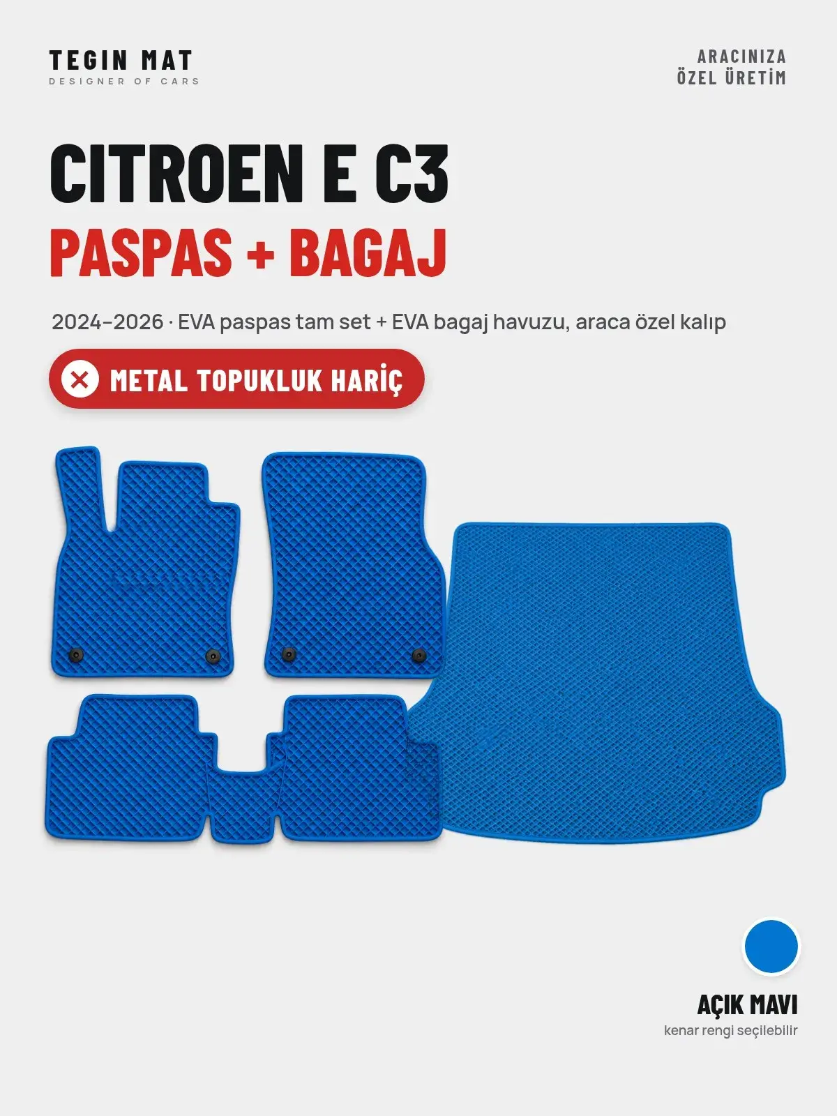 Citroen E C3 EVA Paspas + Bagaj Havuzu Seti (2024–2026) Açık Mavi – Metal Topukluk Hariç (1)