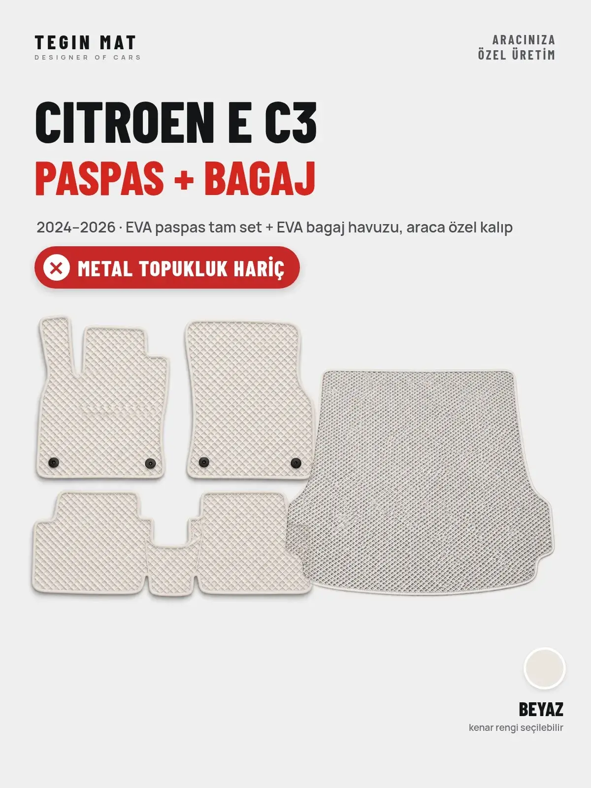 Citroen E C3 EVA Paspas + Bagaj Havuzu Seti (2024–2026) Beyaz – Metal Topukluk Hariç (1)