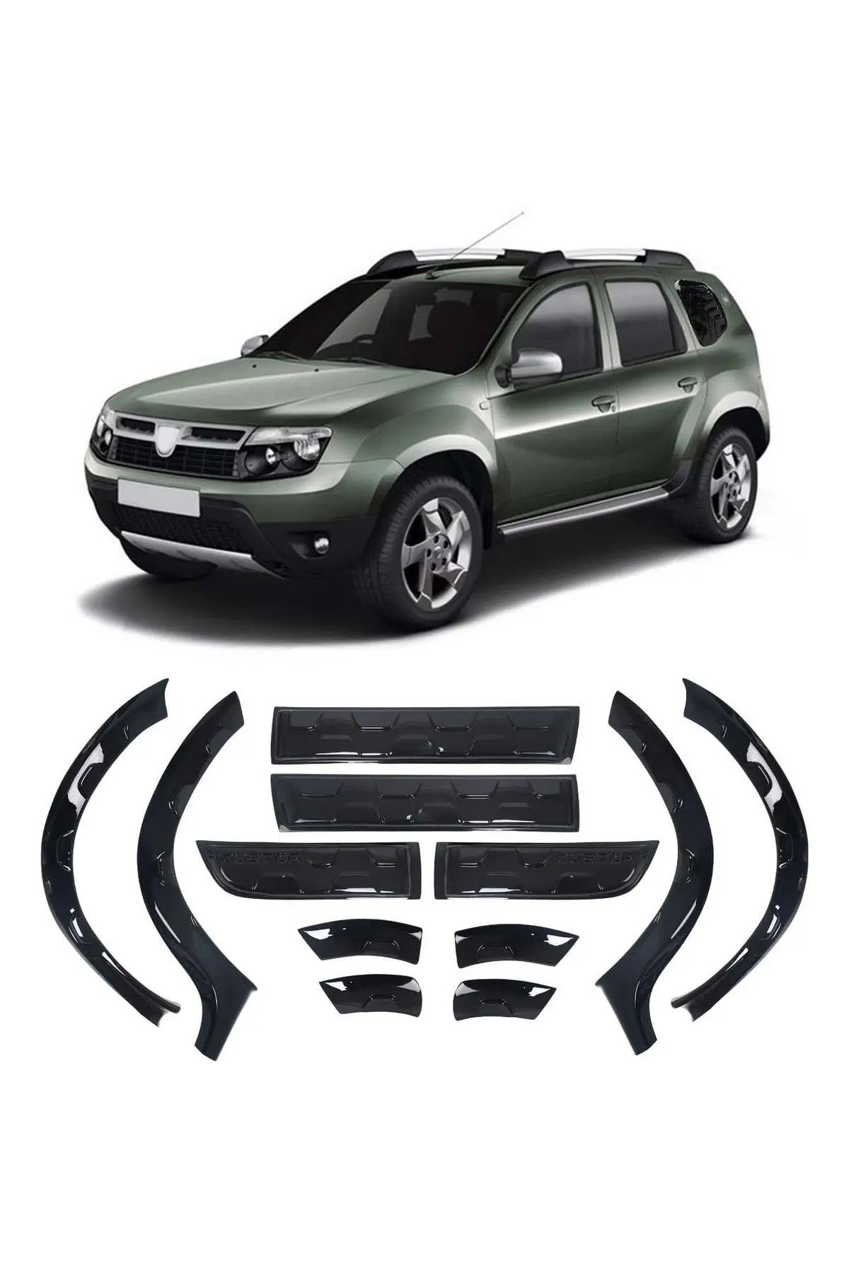Dacia Duster 2010-2017 Uyumlu Duster Yazılı Dodik Seti 12+2 Parça ABS Damalı Parlak Siyah (1)