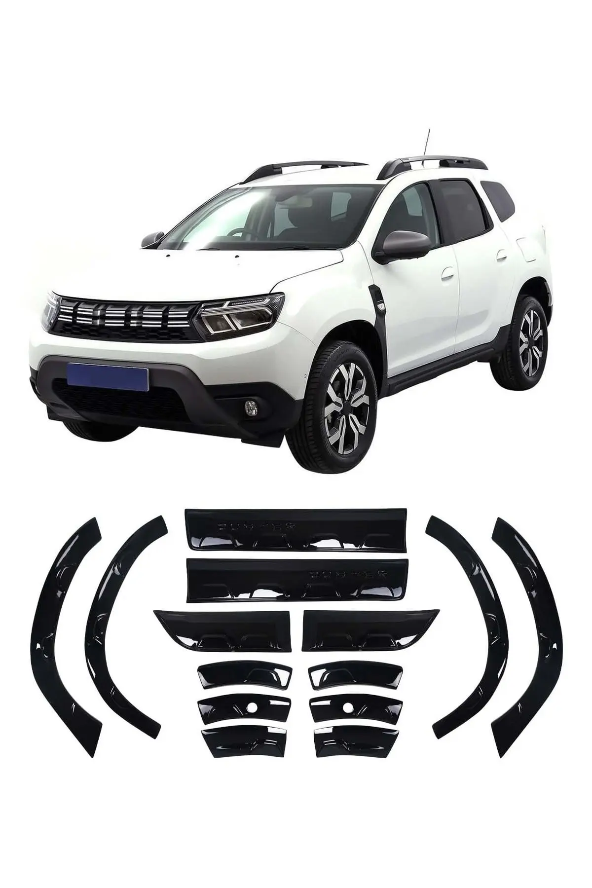 Dacia Duster 2018-2024 Uyumlu Duster Yazılı Dodik Seti 12+2 Parça ABS Damalı Parlak Siyah (1)