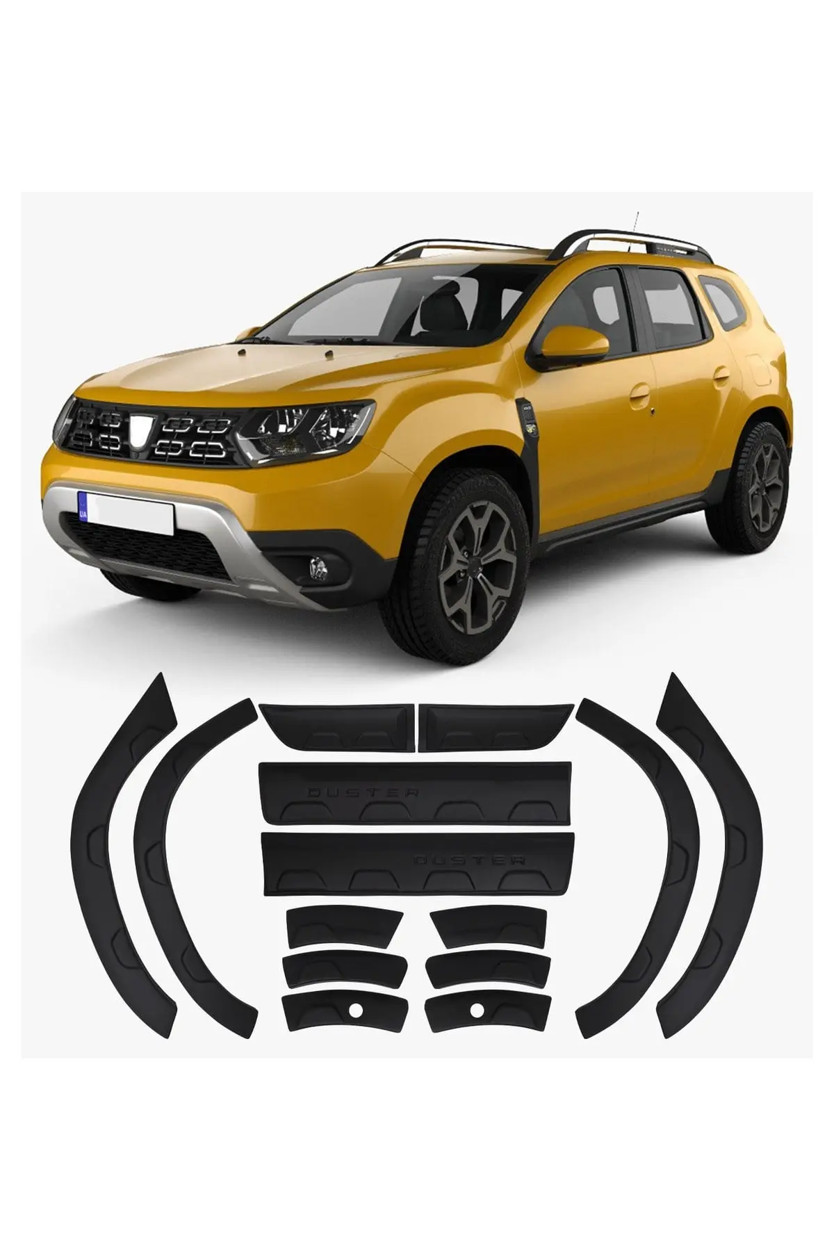 Dacia Duster 2018-2024 Uyumlu Duster Yazılı Dodik Seti 12+2 Parça ABS Damalı Mat Siyah (1)