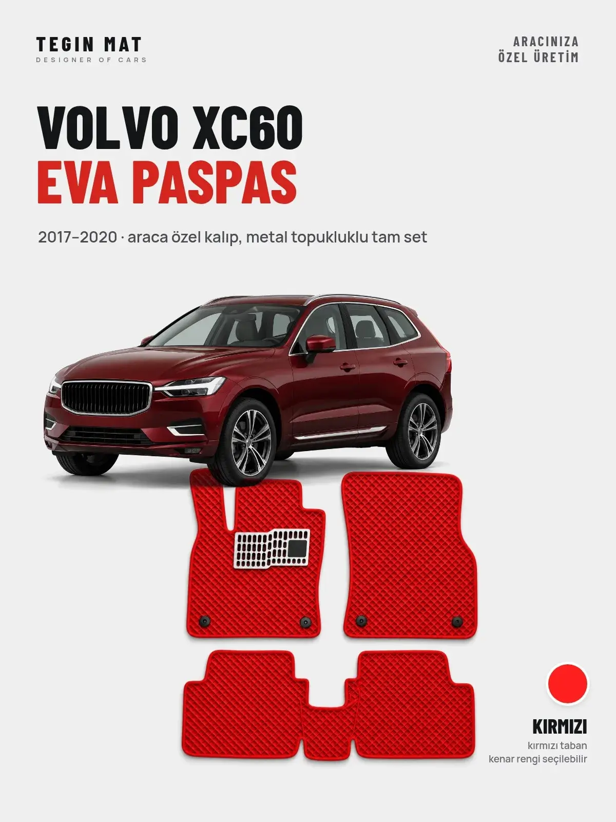 Volvo XC60 EVA Oto Paspas Tam Set (2017–2020) Kırmızı – Araca Özel Kalıp (1)
