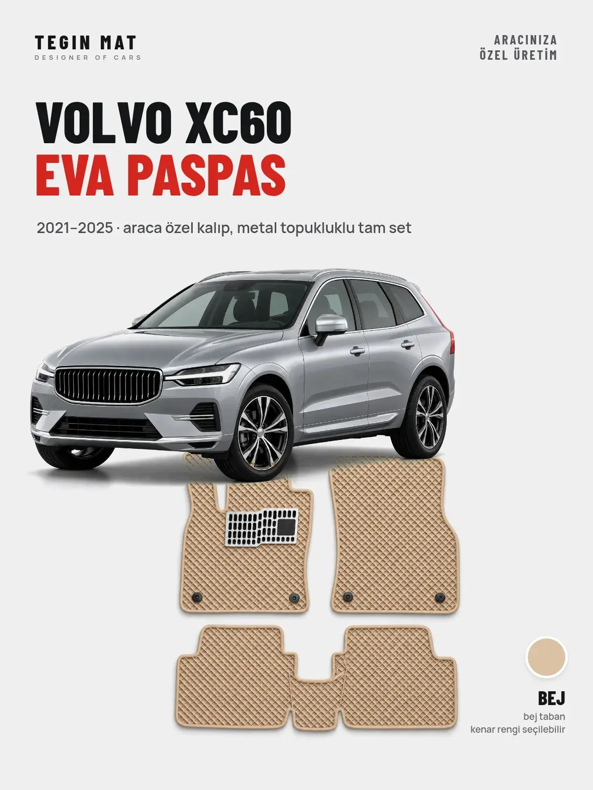 Volvo XC60 EVA Oto Paspas Tam Set (2021–2025) Bej – Araca Özel Kalıp (1)