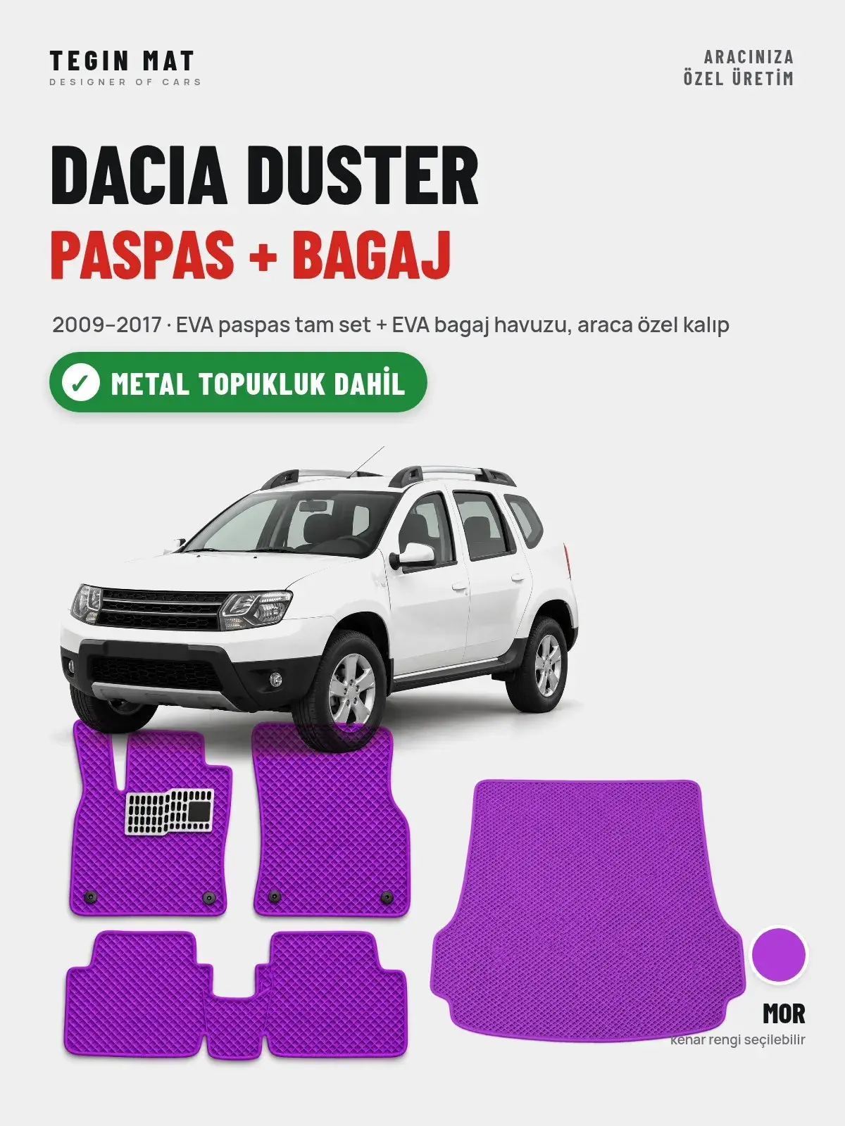 Dacia Duster EVA Paspas + Bagaj Havuzu Seti (2009–2017) Mor – Metal Topukluk Dahil (1)