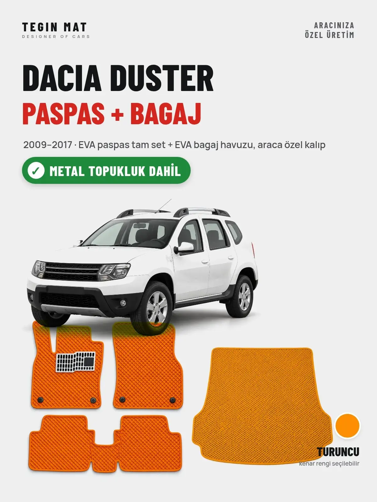 Dacia Duster EVA Paspas + Bagaj Havuzu Seti (2009–2017) Turuncu – Metal Topukluk Dahil (1)