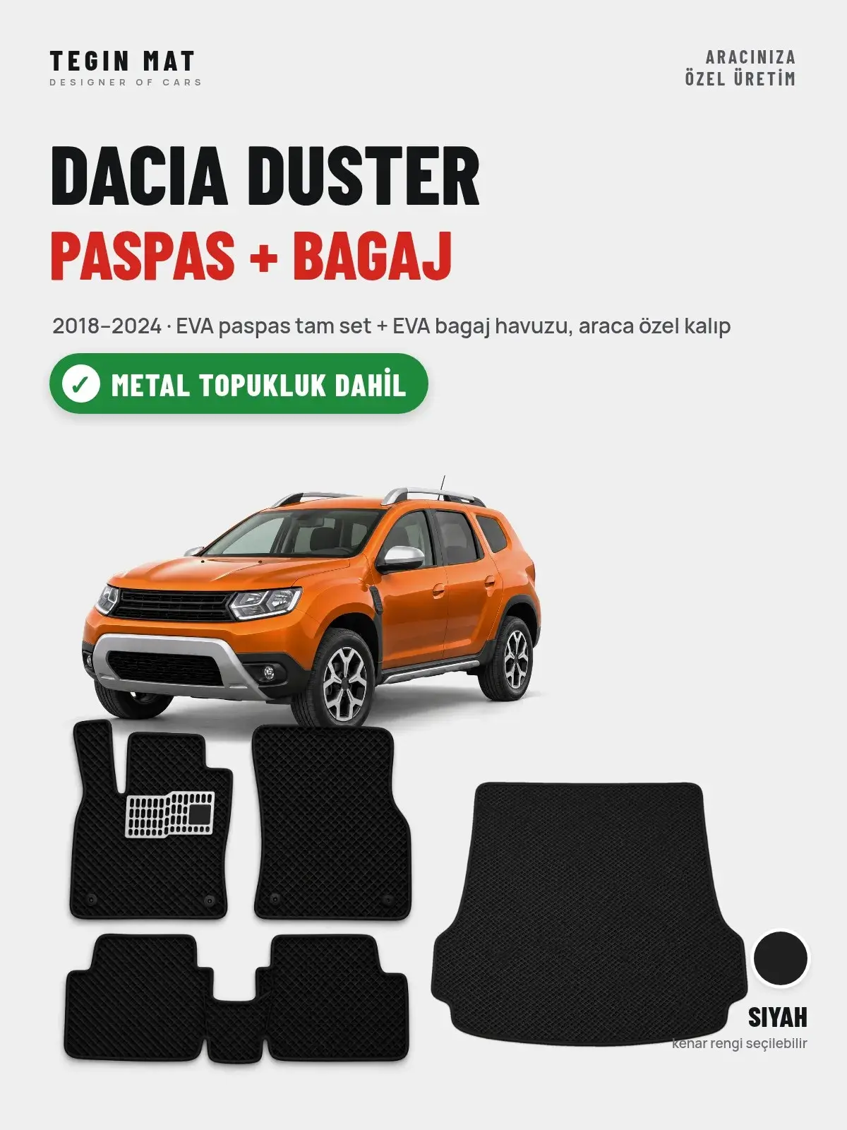 Dacia Duster EVA Paspas + Bagaj Havuzu Seti (2018–2024) Siyah – Metal Topukluk Dahil (1)