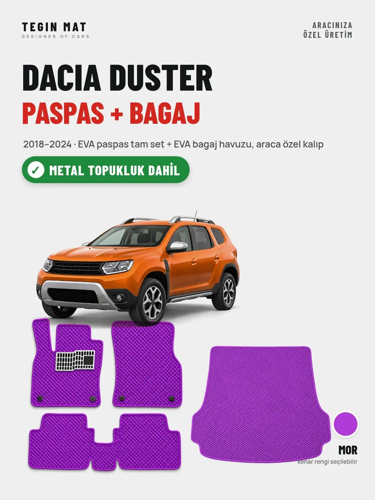 Dacia Duster EVA Paspas + Bagaj Havuzu Seti (2018–2024) Mor – Metal Topukluk Dahil (1)