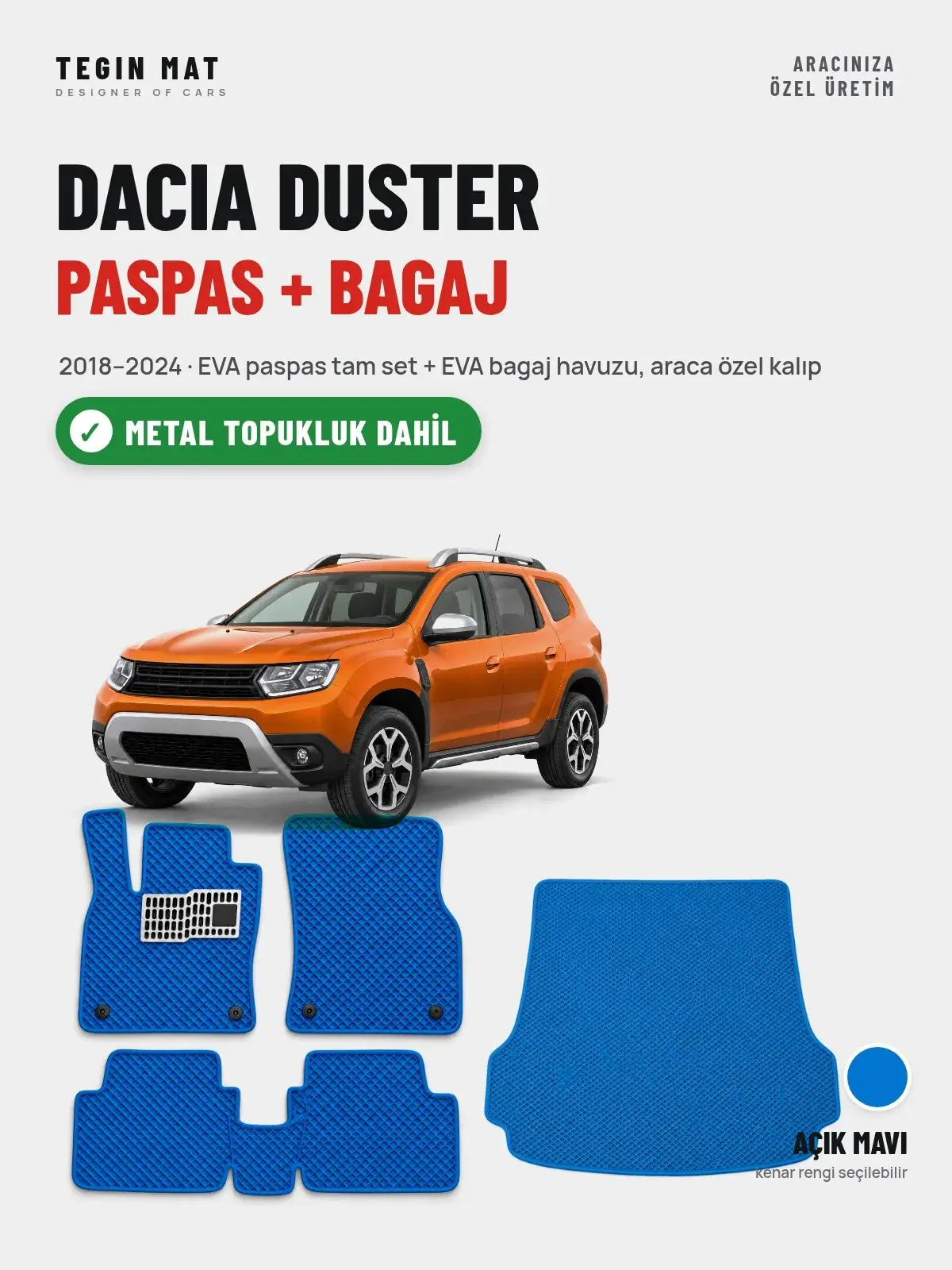 Dacia Duster EVA Paspas + Bagaj Havuzu Seti (2018–2024) Açık Mavi – Metal Topukluk Dahil (1)
