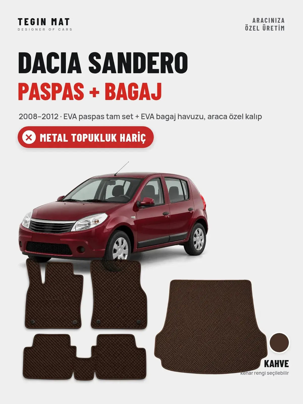 Dacia Sandero EVA Paspas + Bagaj Havuzu Seti (2008–2012) Kahve – Metal Topukluk Hariç (1)