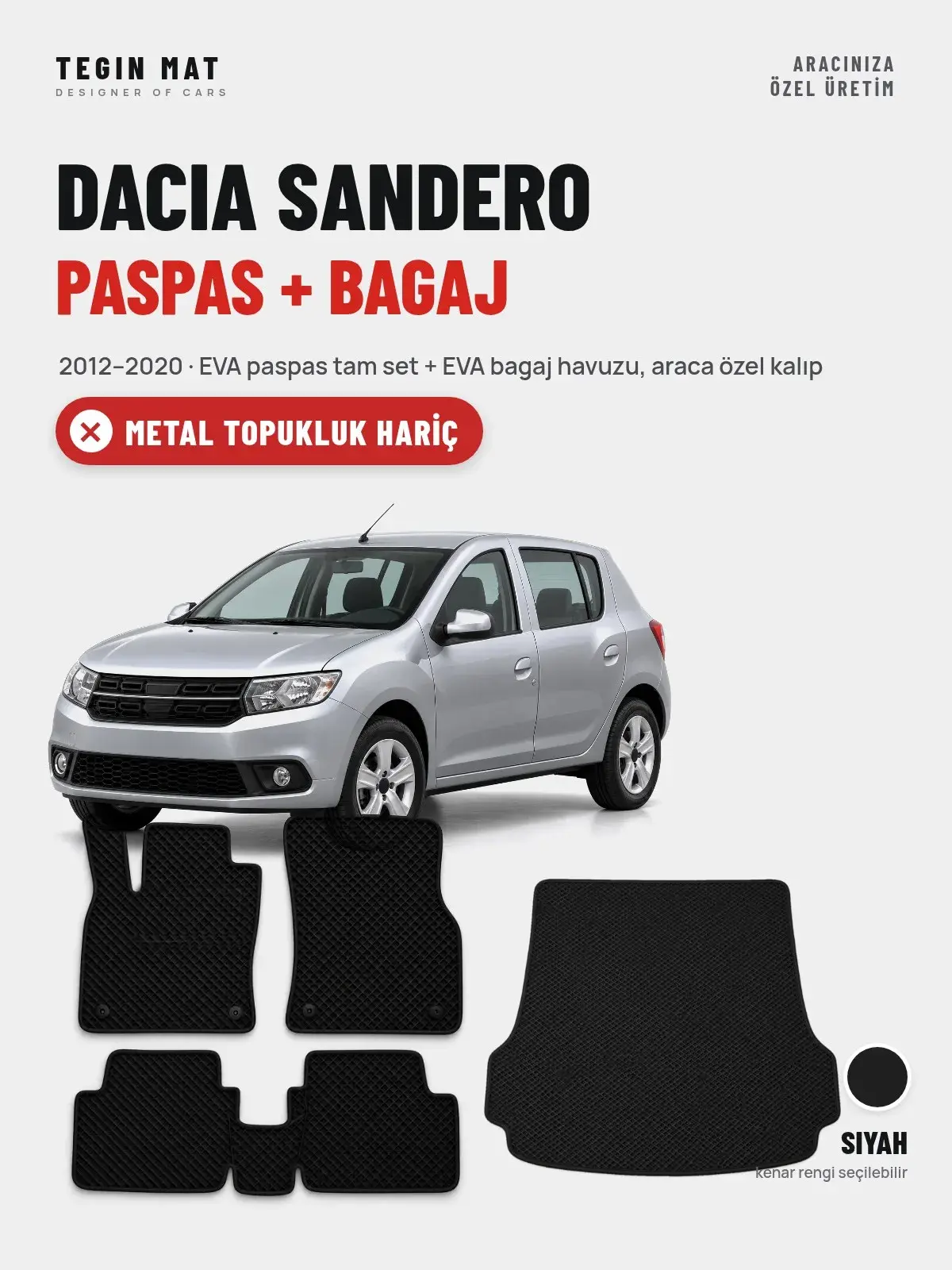 Dacia Sandero EVA Paspas + Bagaj Havuzu Seti (2012–2020) Siyah – Metal Topukluk Hariç (1)