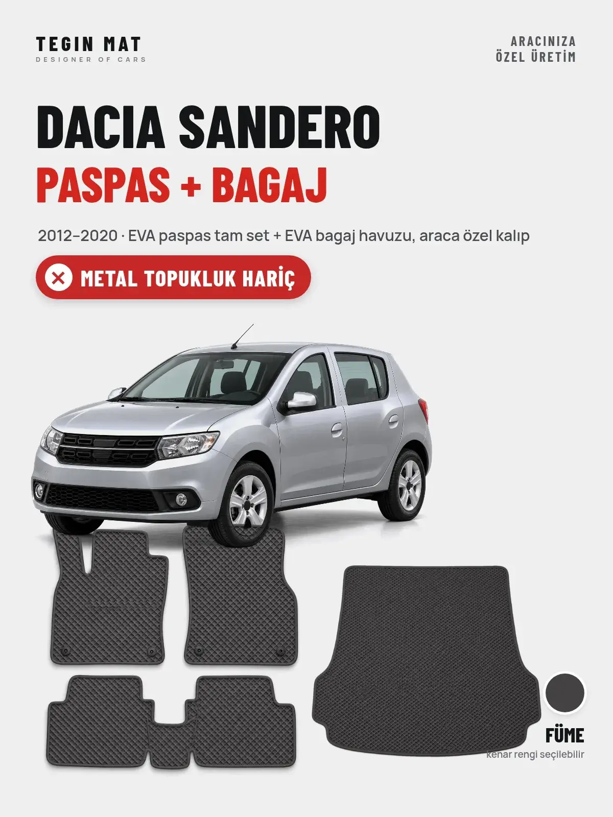 Dacia Sandero EVA Paspas + Bagaj Havuzu Seti (2012–2020) Füme – Metal Topukluk Hariç (1)