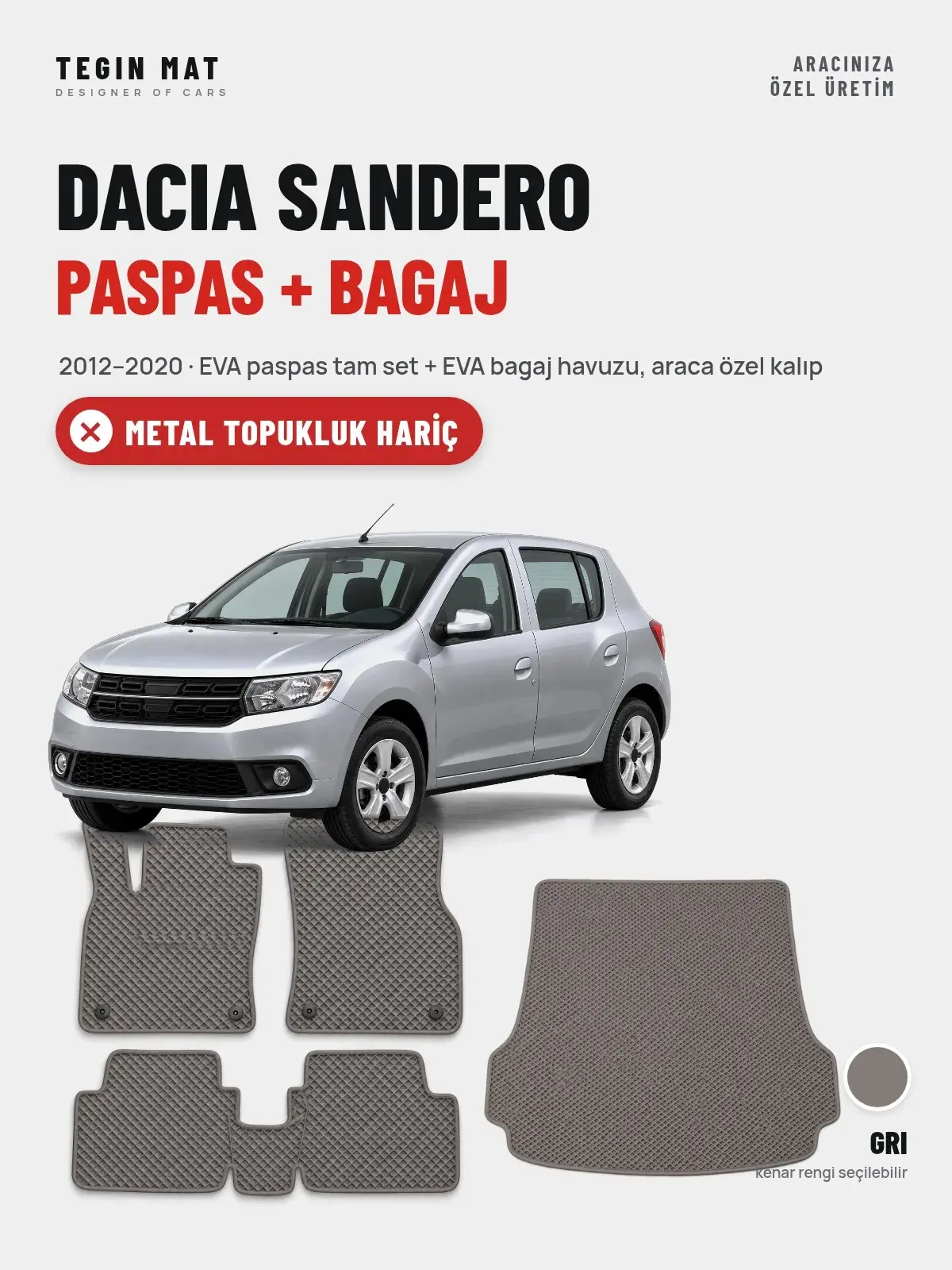 Dacia Sandero EVA Paspas + Bagaj Havuzu Seti (2012–2020) Gri – Metal Topukluk Hariç (1)