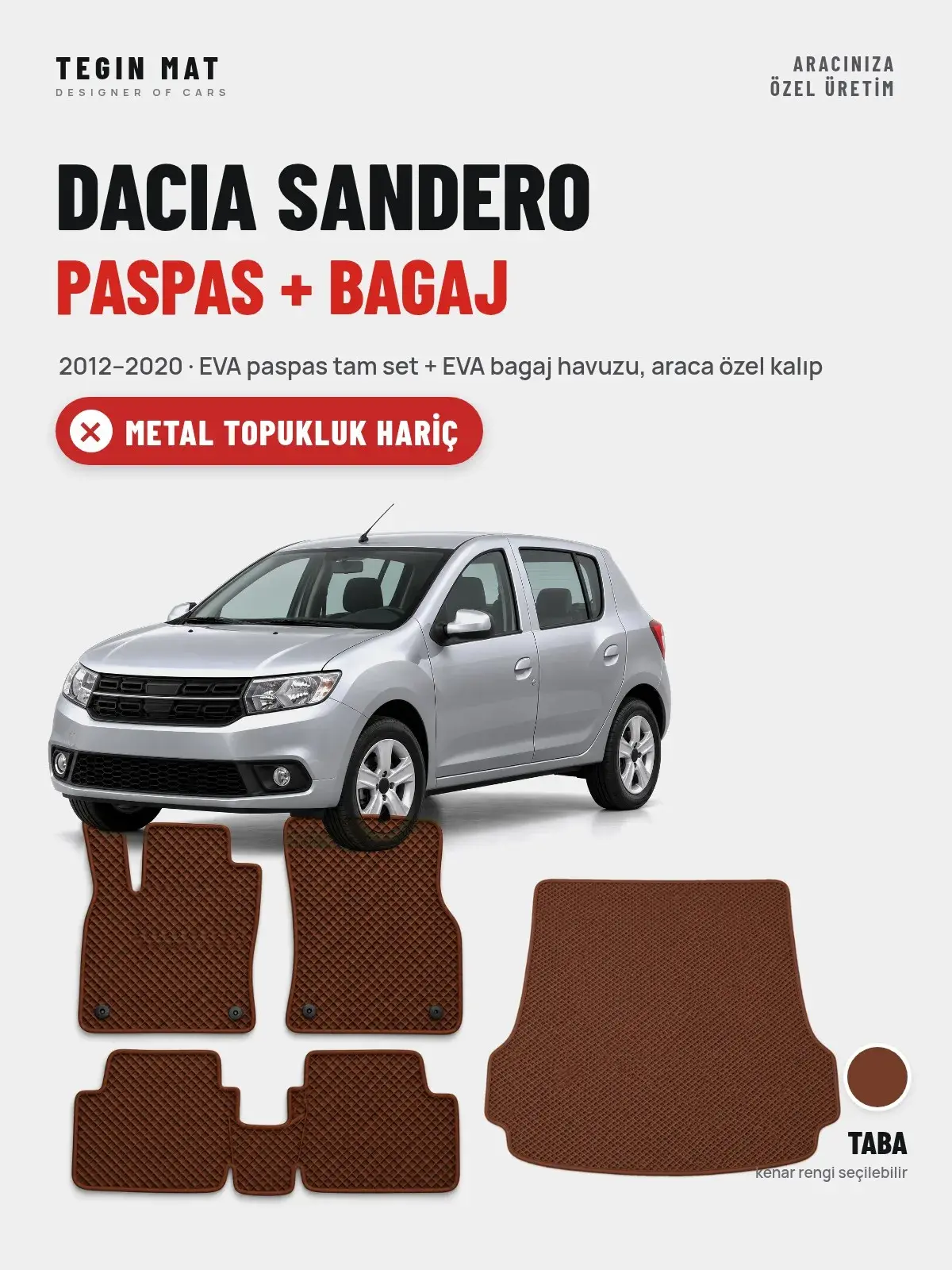Dacia Sandero EVA Paspas + Bagaj Havuzu Seti (2012–2020) Taba – Metal Topukluk Hariç (1)