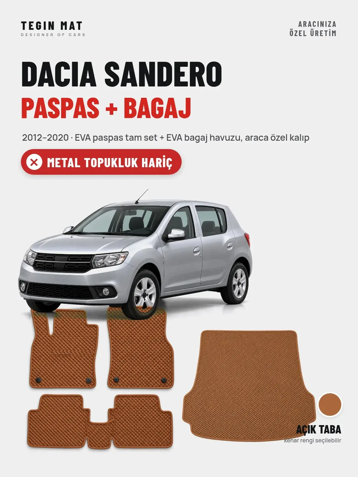 Dacia Sandero EVA Paspas + Bagaj Havuzu Seti (2012–2020) Açık Taba – Metal Topukluk Hariç (1)