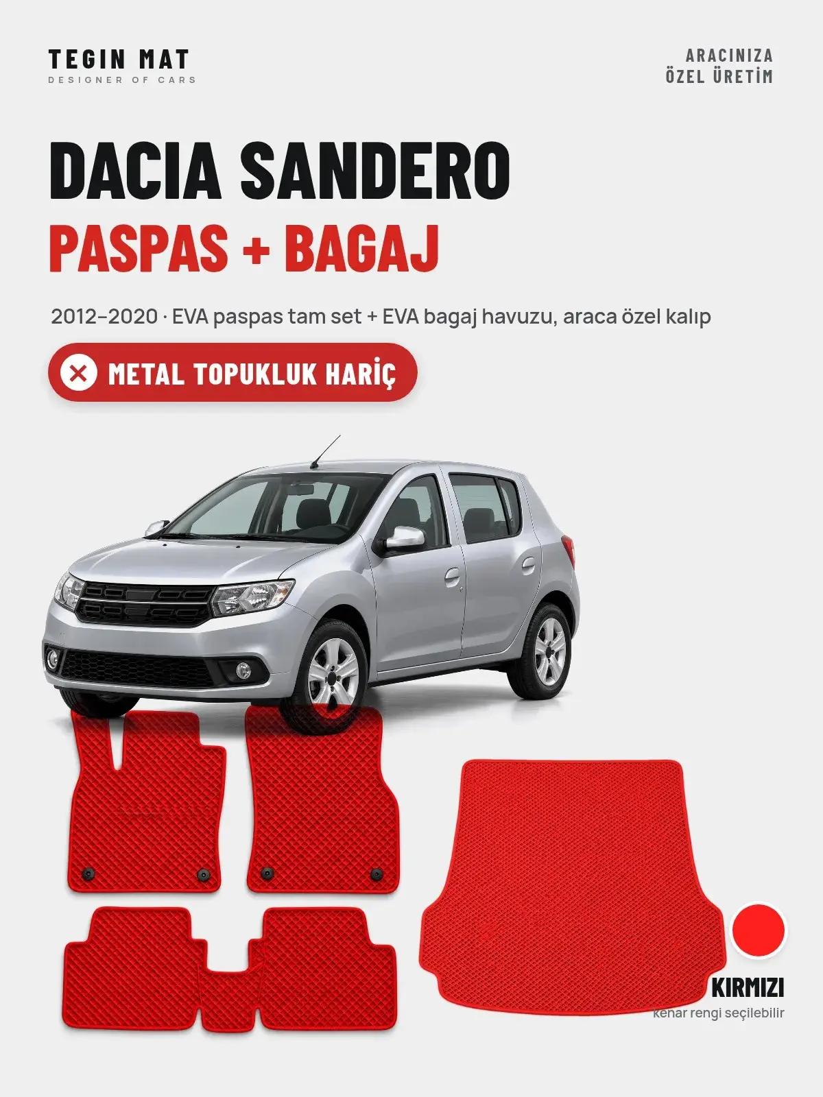 Dacia Sandero EVA Paspas + Bagaj Havuzu Seti (2012–2020) Kırmızı – Metal Topukluk Hariç (1)