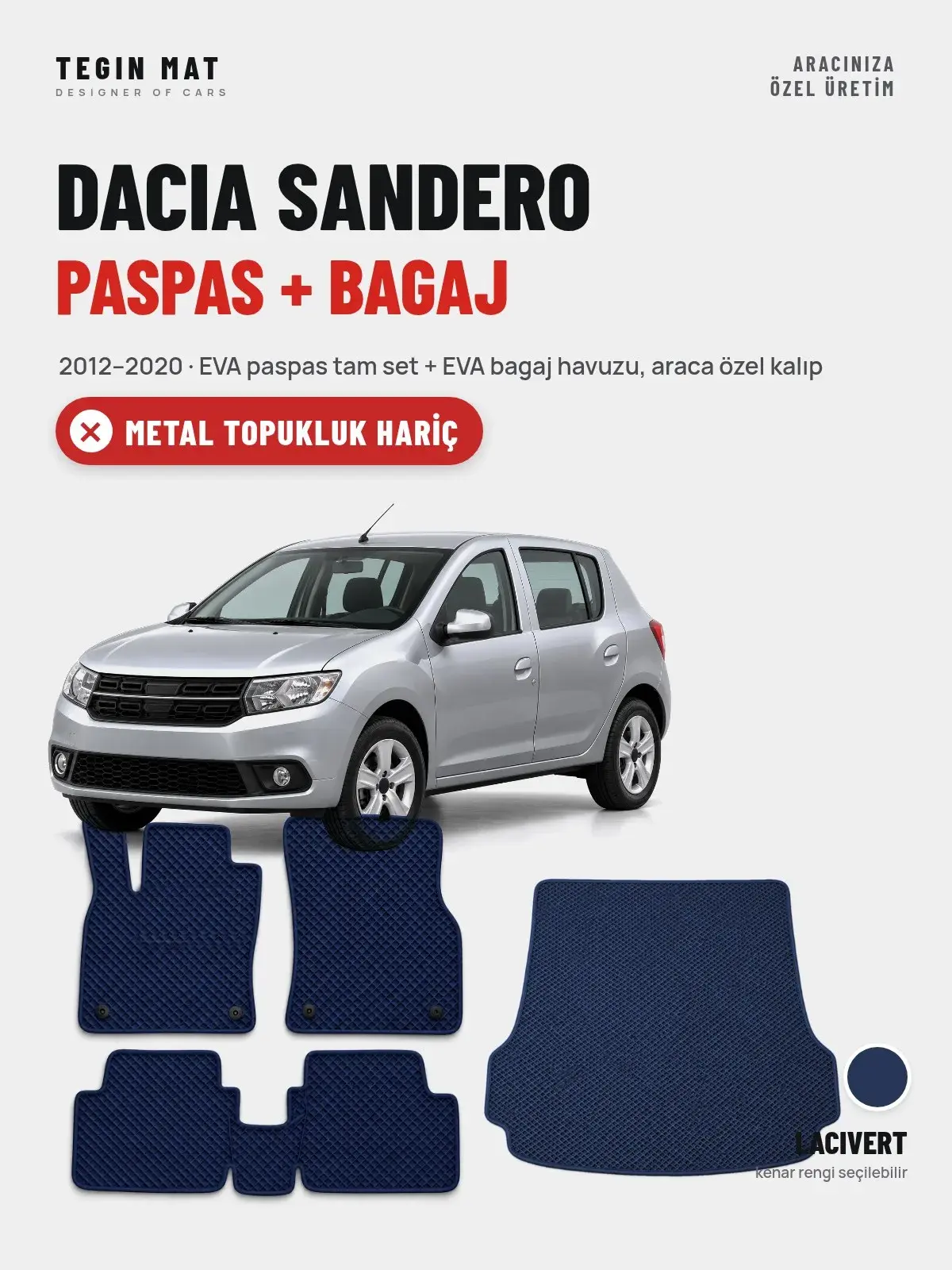 Dacia Sandero EVA Paspas + Bagaj Havuzu Seti (2012–2020) Lacivert – Metal Topukluk Hariç (1)