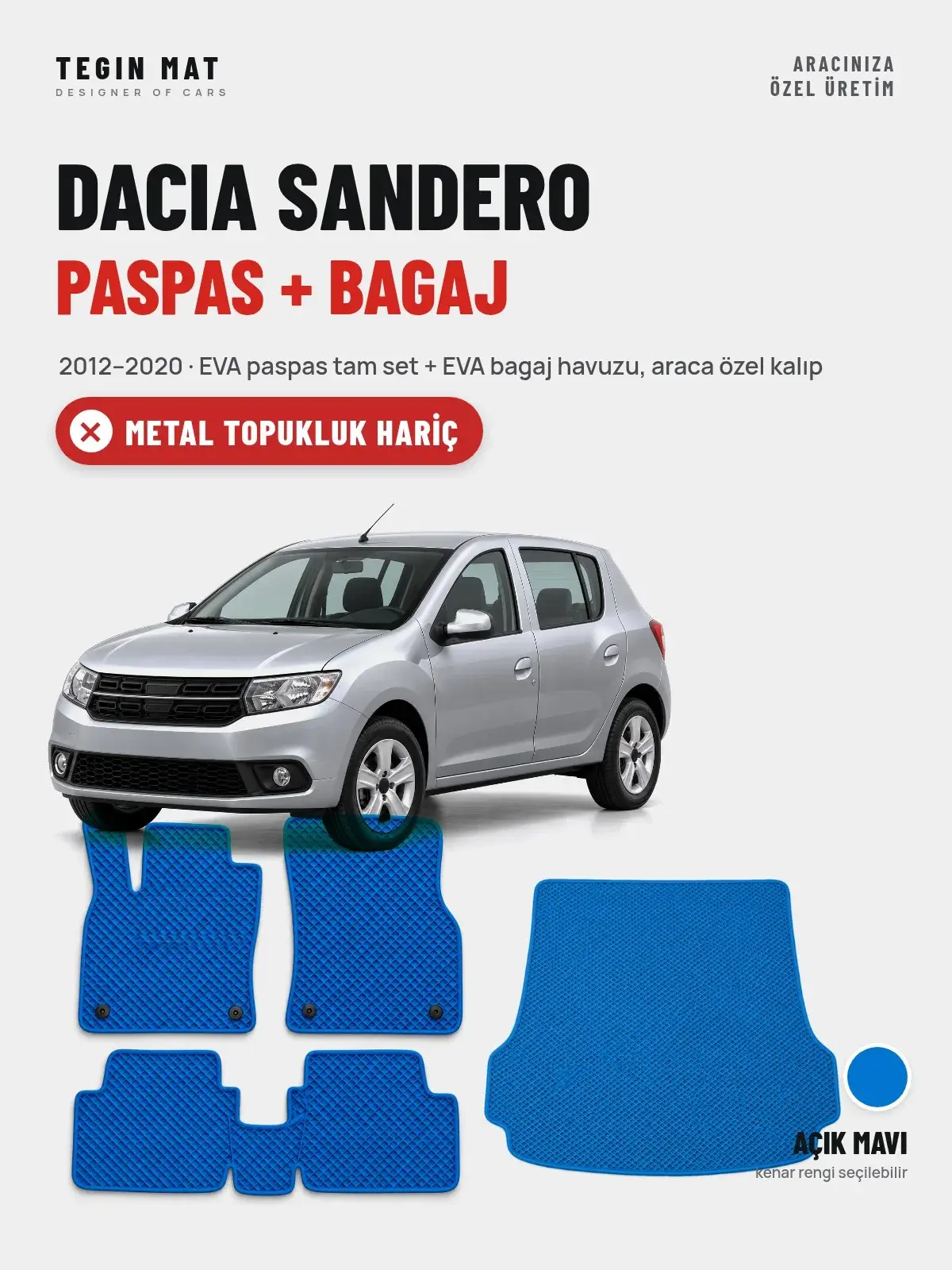 Dacia Sandero EVA Paspas + Bagaj Havuzu Seti (2012–2020) Açık Mavi – Metal Topukluk Hariç (1)