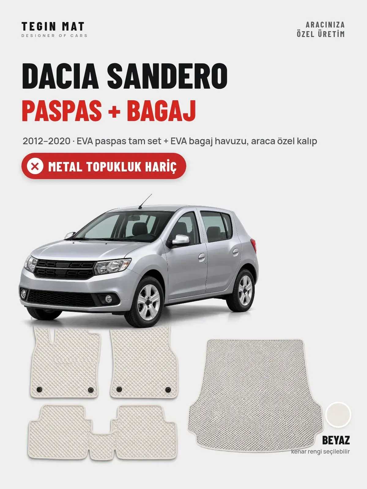 Dacia Sandero EVA Paspas + Bagaj Havuzu Seti (2012–2020) Beyaz – Metal Topukluk Hariç (1)
