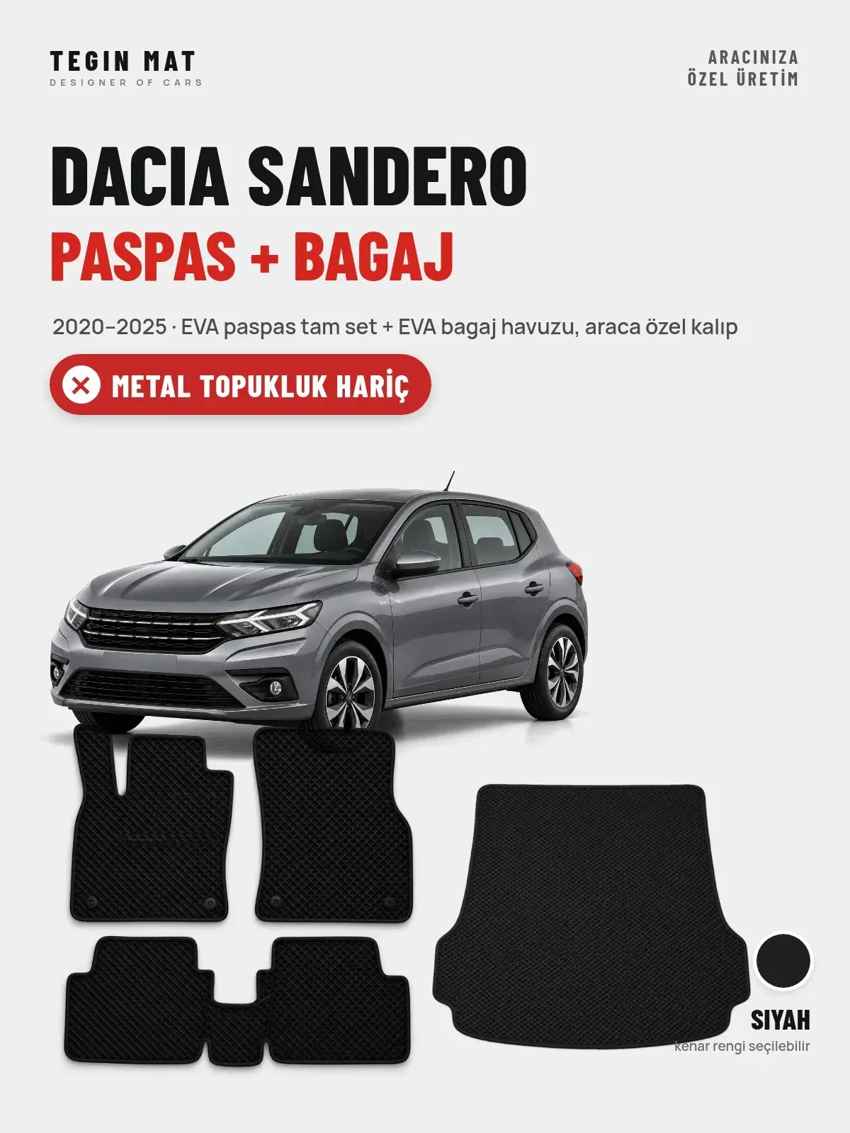 Dacia Sandero EVA Paspas + Bagaj Havuzu Seti (2020–2025) Siyah – Metal Topukluk Hariç (1)