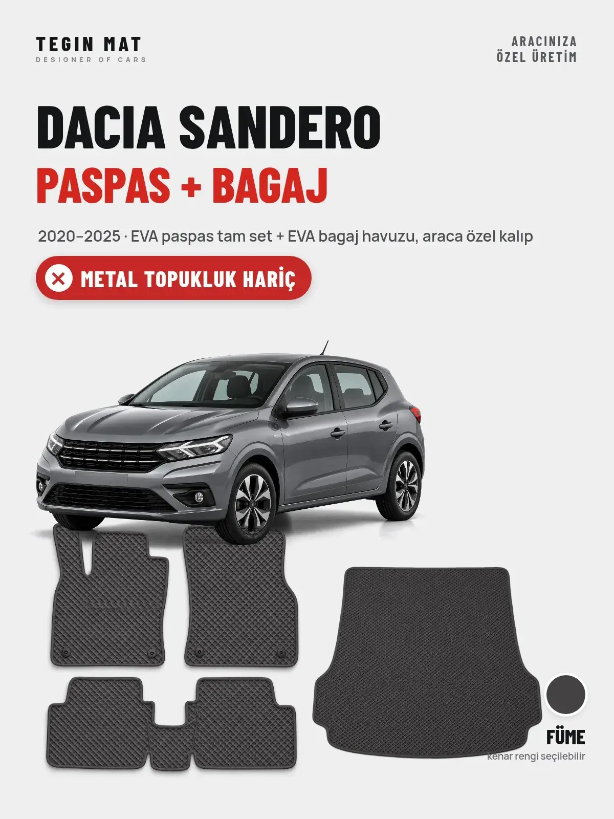 Dacia Sandero EVA Paspas + Bagaj Havuzu Seti (2020–2025) Füme – Metal Topukluk Hariç (1)