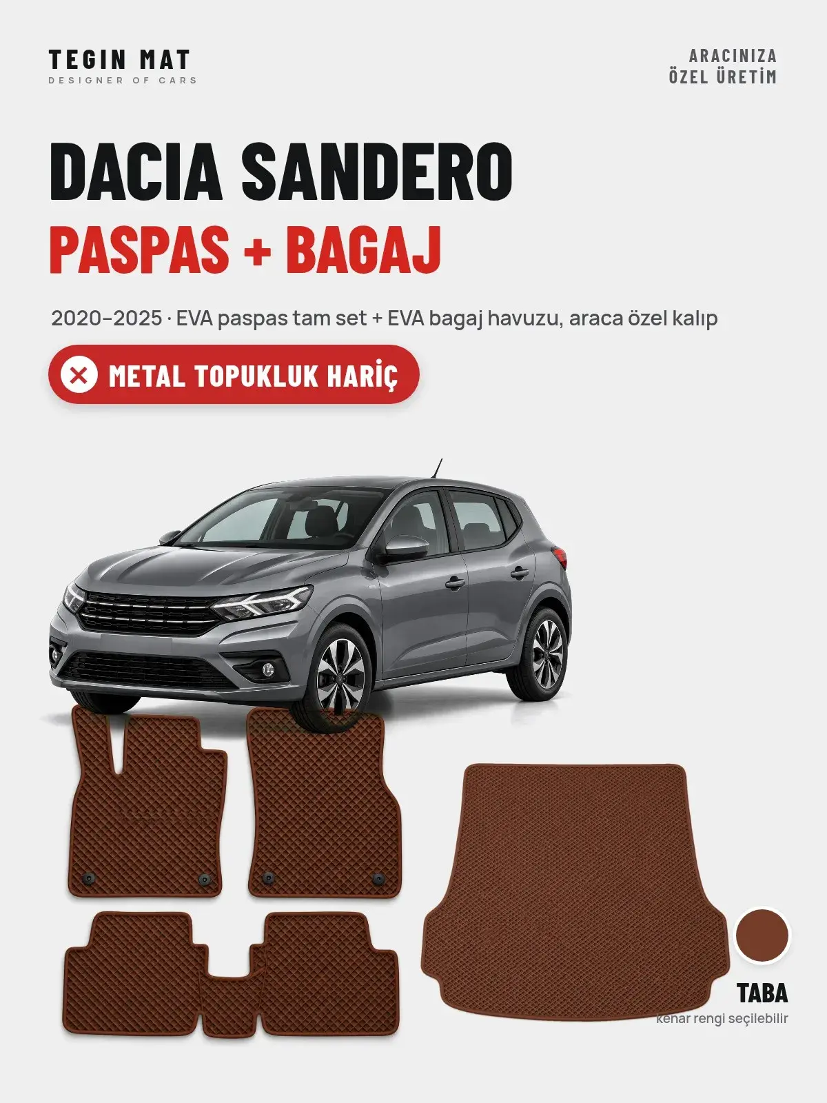 Dacia Sandero EVA Paspas + Bagaj Havuzu Seti (2020–2025) Taba – Metal Topukluk Hariç (1)