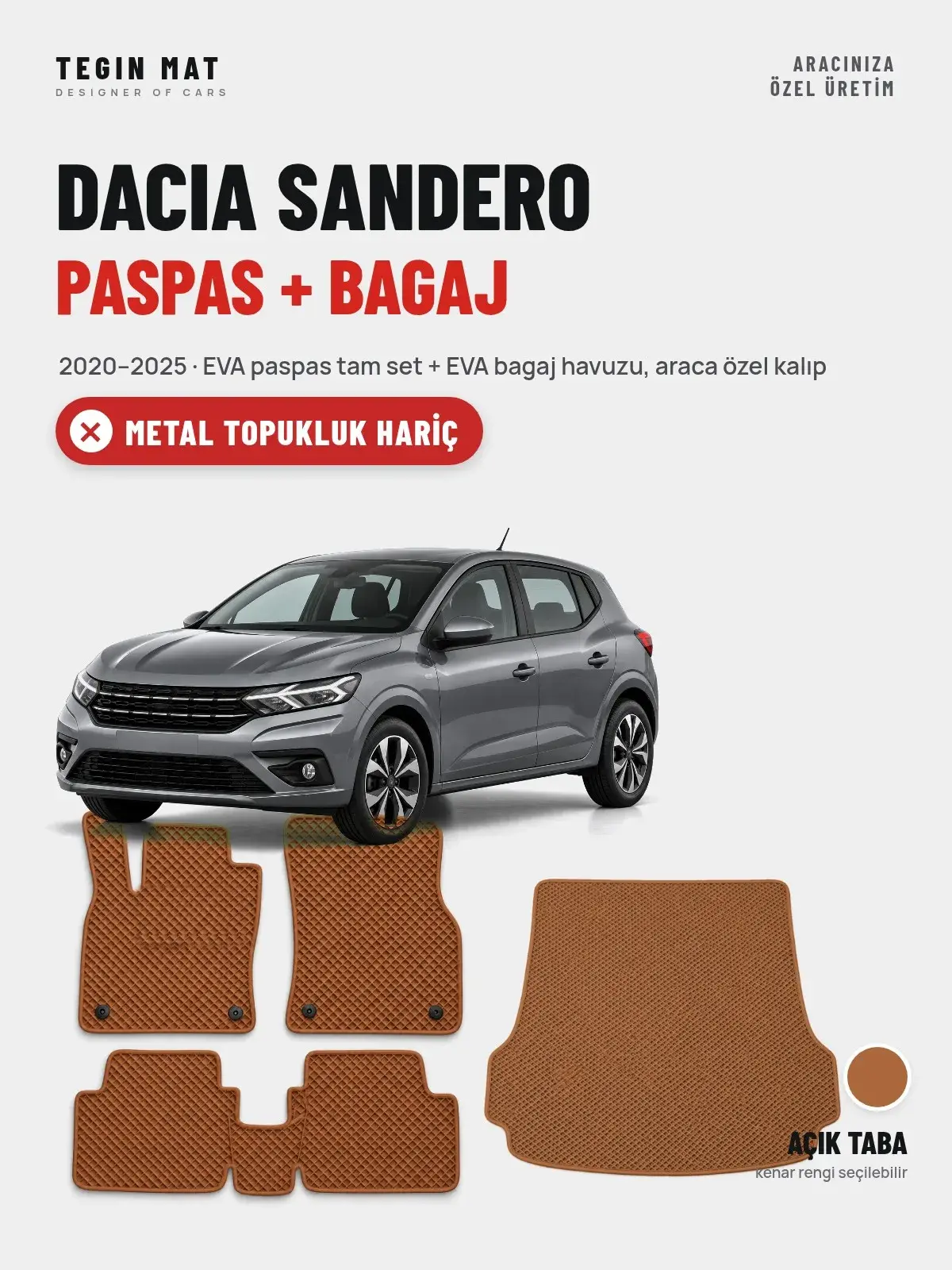 Dacia Sandero EVA Paspas + Bagaj Havuzu Seti (2020–2025) Açık Taba – Metal Topukluk Hariç (1)
