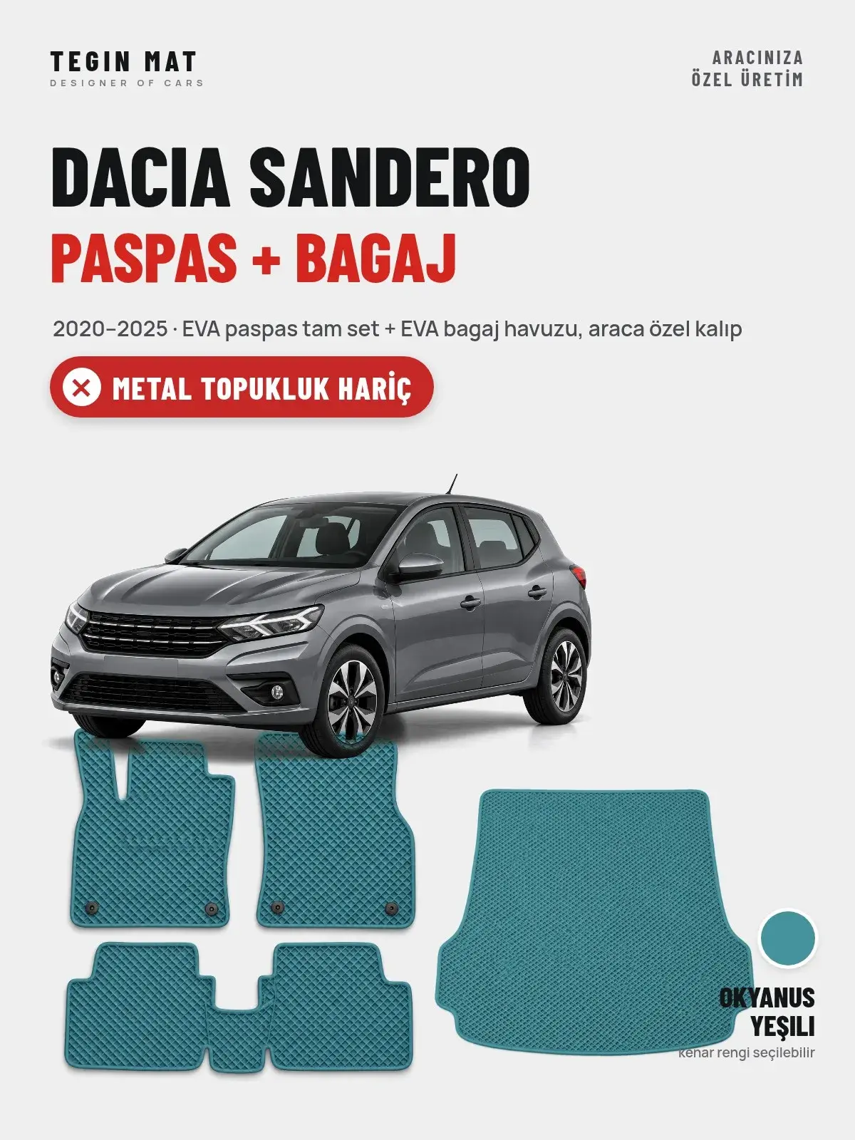 Dacia Sandero EVA Paspas + Bagaj Havuzu Seti (2020–2025) Okyanus Yeşili – Metal Topukluk Hariç (1)