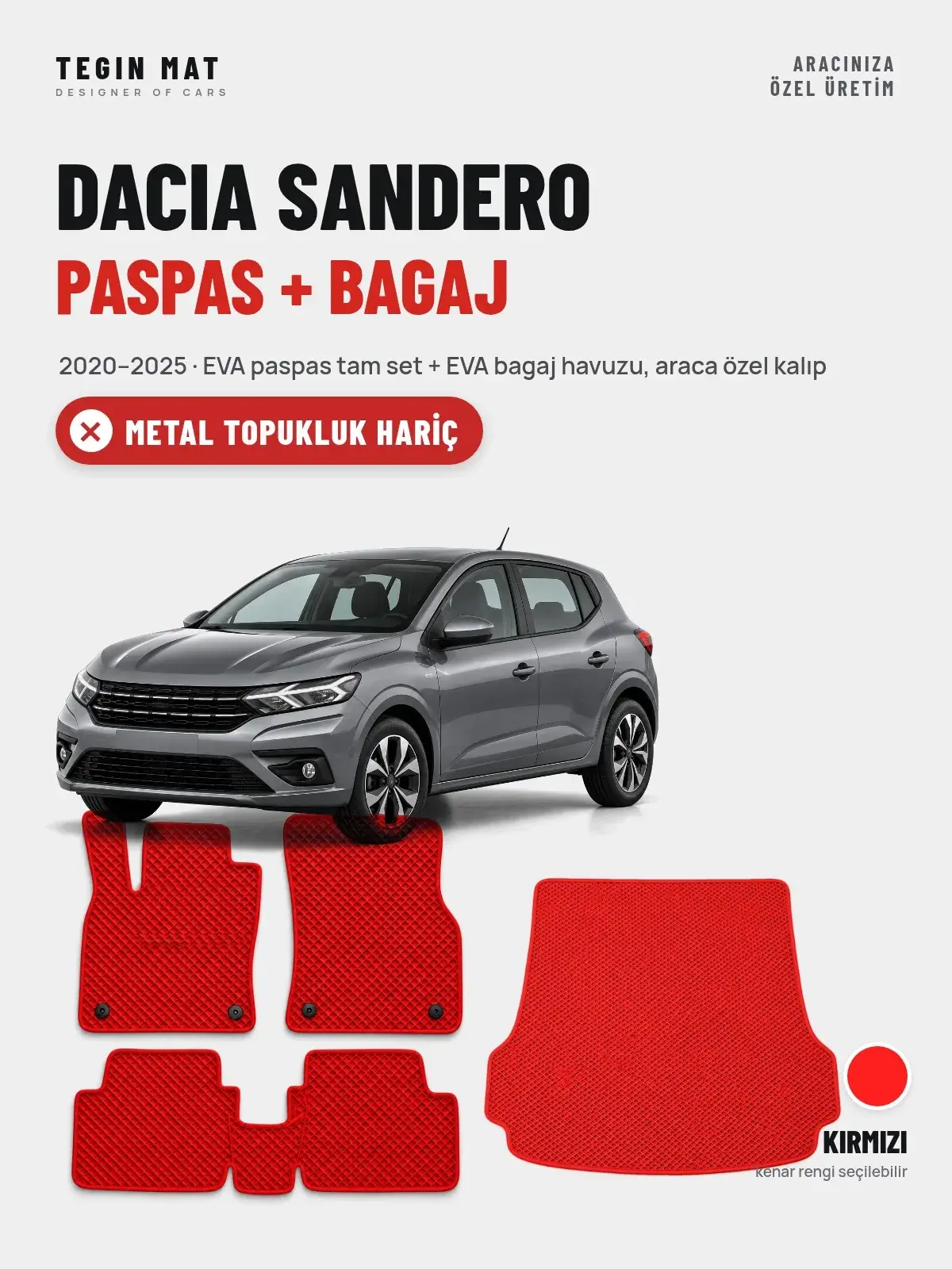 Dacia Sandero EVA Paspas + Bagaj Havuzu Seti (2020–2025) Kırmızı – Metal Topukluk Hariç (1)