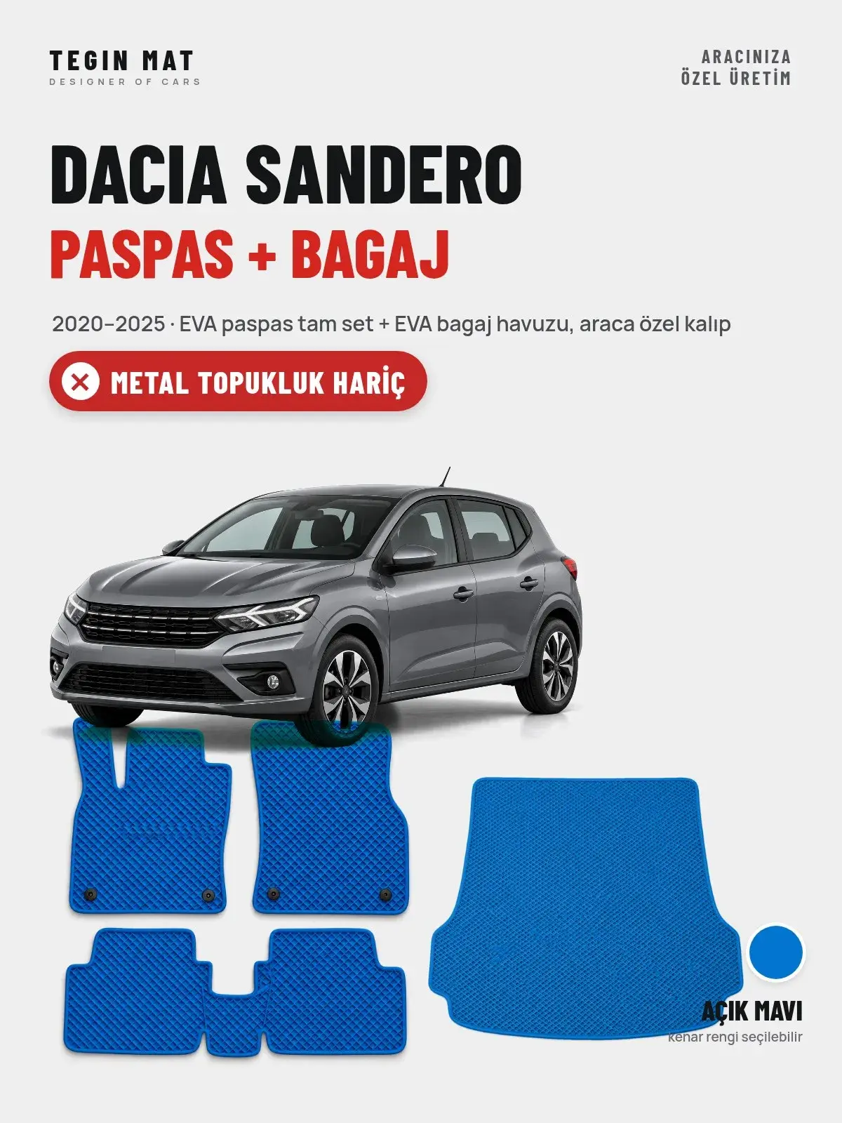 Dacia Sandero EVA Paspas + Bagaj Havuzu Seti (2020–2025) Açık Mavi – Metal Topukluk Hariç (1)