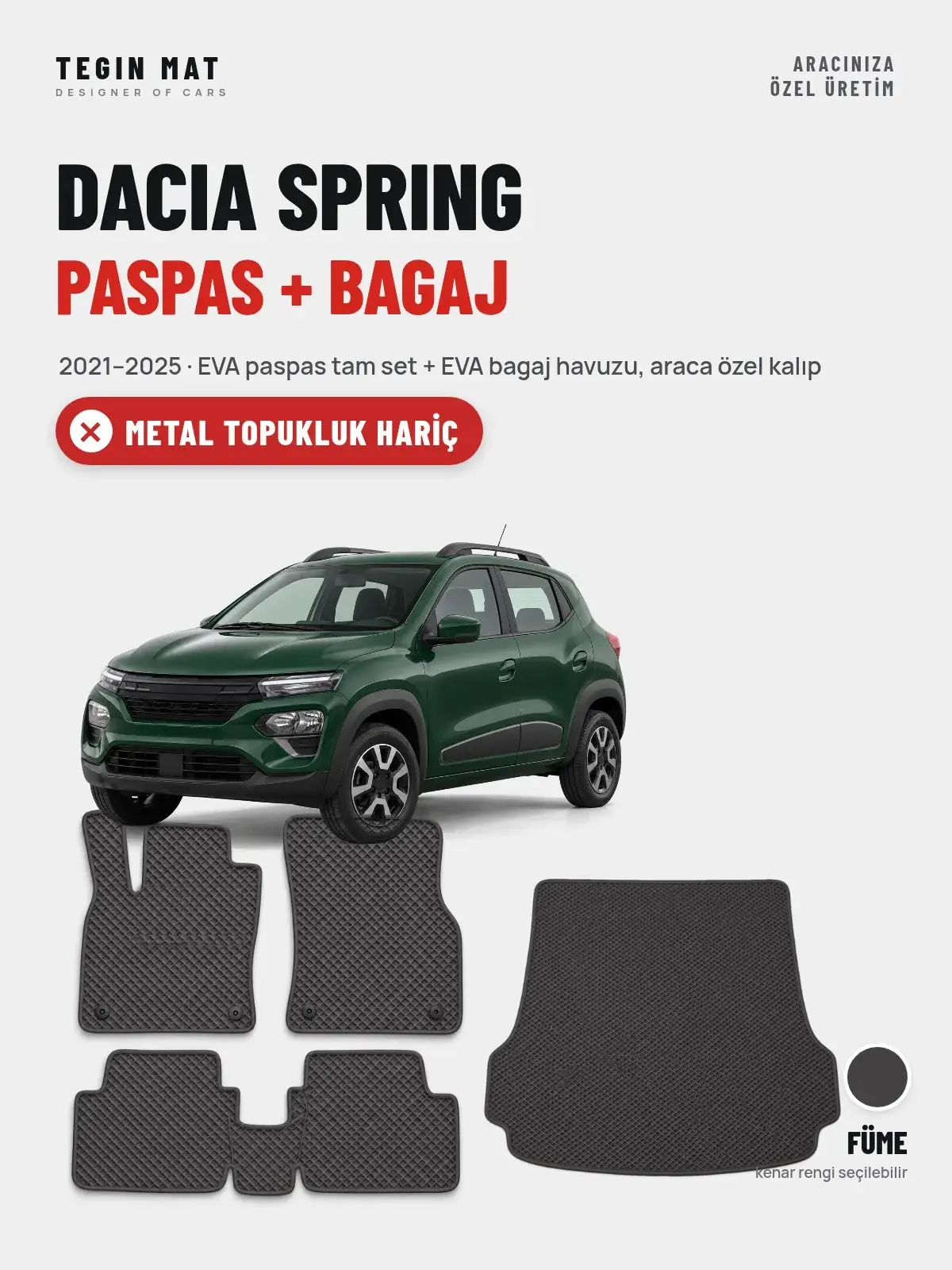 Dacia Spring EVA Paspas + Bagaj Havuzu Seti (2021–2025) Füme – Metal Topukluk Hariç (1)