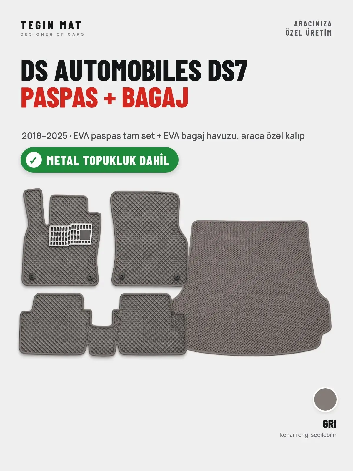 DS Automobiles DS7 EVA Paspas + Bagaj Havuzu Seti (2018–2025) Gri – Metal Topukluk Dahil (1)