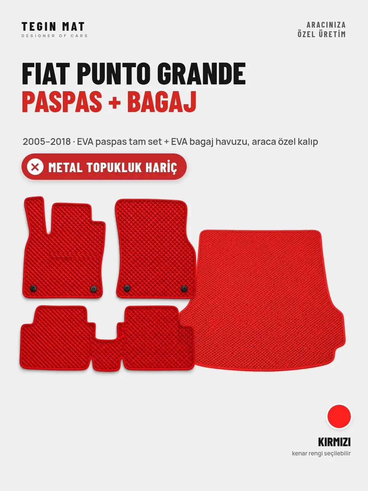 Fiat Punto Grande EVA Paspas + Bagaj Havuzu Seti (2005–2018) Kırmızı – Metal Topukluk Hariç (1)