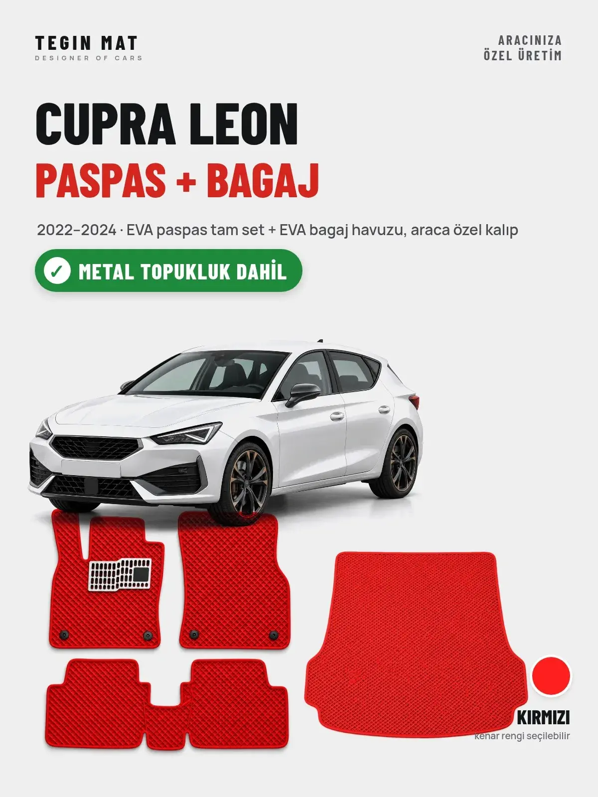 Cupra Leon EVA Paspas + Bagaj Havuzu Seti (2022–2024) Kırmızı – Metal Topukluk Dahil (1)