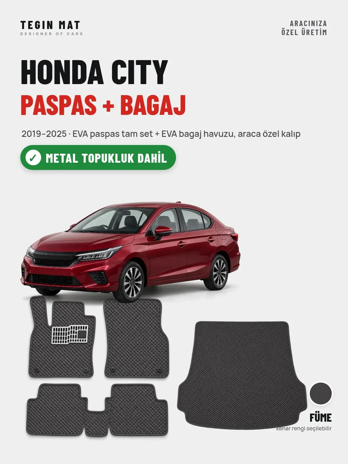 Honda City EVA Paspas + Bagaj Havuzu Seti (2019–2025) Füme – Metal Topukluk Dahil (1)