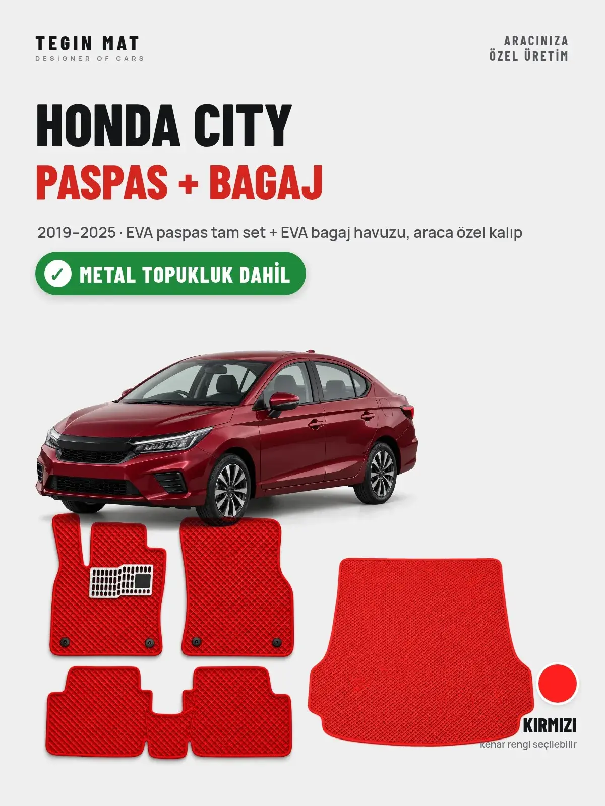 Honda City EVA Paspas + Bagaj Havuzu Seti (2019–2025) Kırmızı – Metal Topukluk Dahil (1)