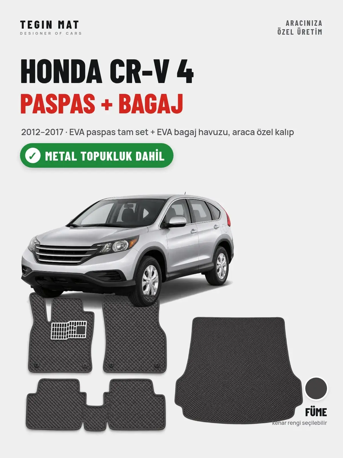 Honda CR-V 4 EVA Paspas + Bagaj Havuzu Seti (2012–2017) Füme – Metal Topukluk Dahil (1)