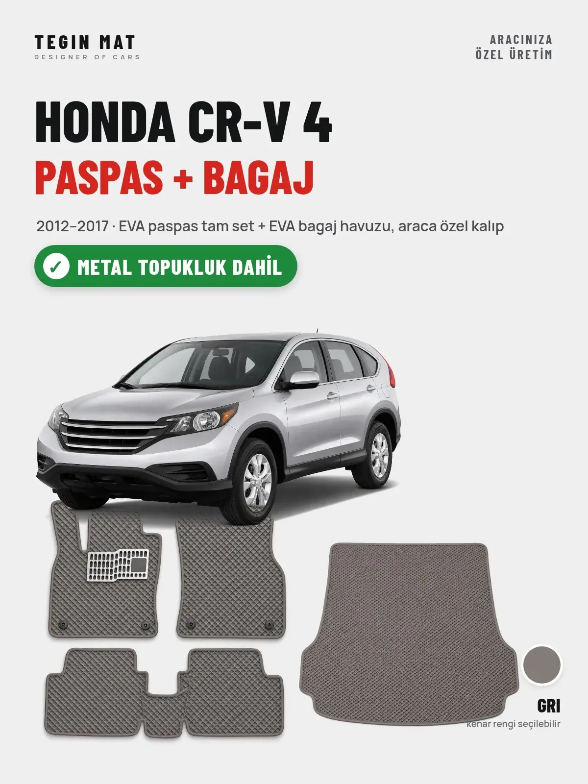 Honda CR-V 4 EVA Paspas + Bagaj Havuzu Seti (2012–2017) Gri – Metal Topukluk Dahil (1)