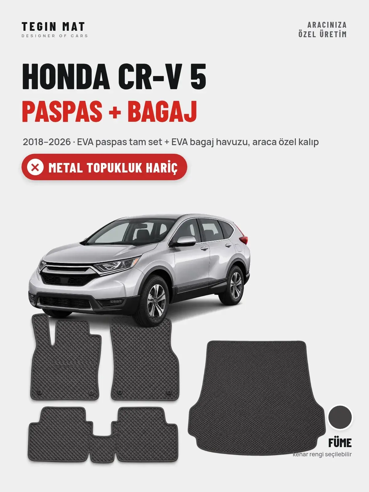 Honda CR-V 5 EVA Paspas + Bagaj Havuzu Seti (2018–2026) Füme – Metal Topukluk Hariç (1)
