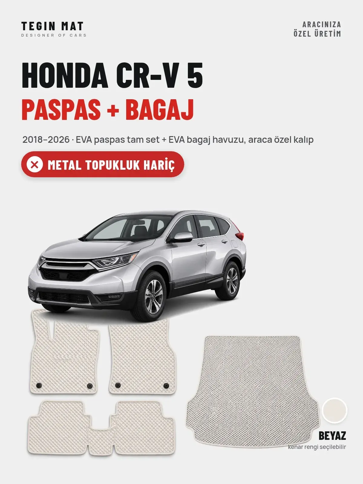 Honda CR-V 5 EVA Paspas + Bagaj Havuzu Seti (2018–2026) Beyaz – Metal Topukluk Hariç (1)