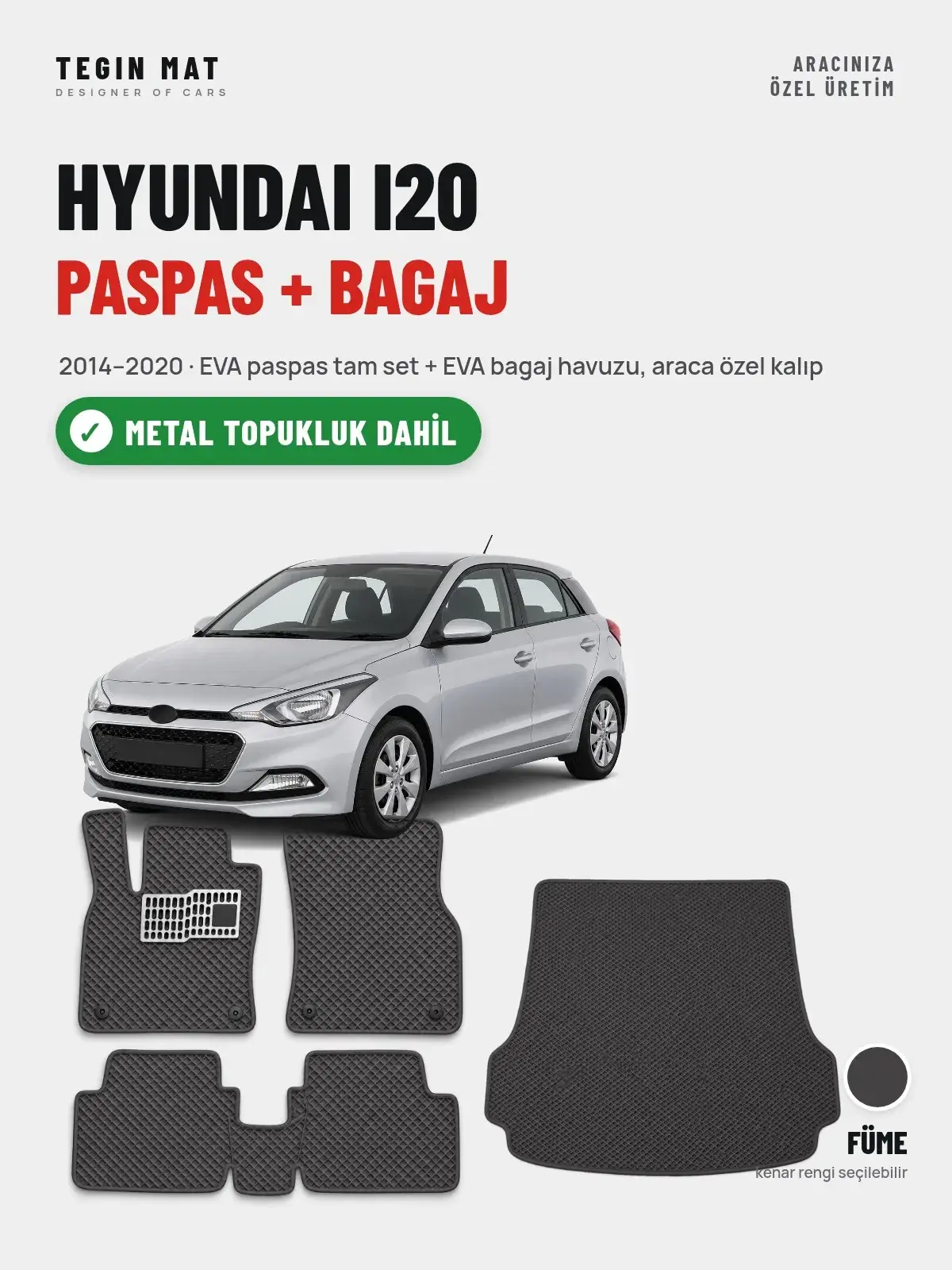 Hyundai i20 EVA Paspas + Bagaj Havuzu Seti (2014–2020) Füme – Metal Topukluk Dahil (1)