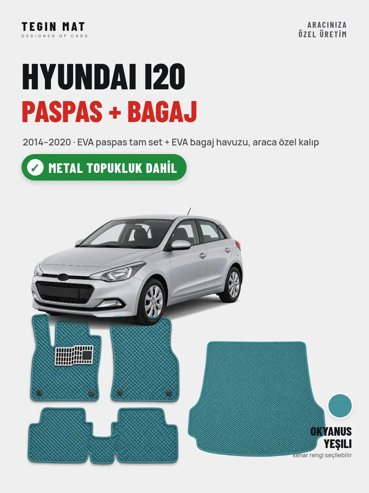 Hyundai i20 EVA Paspas + Bagaj Havuzu Seti (2014–2020) Okyanus Yeşili – Metal Topukluk Dahil (1)