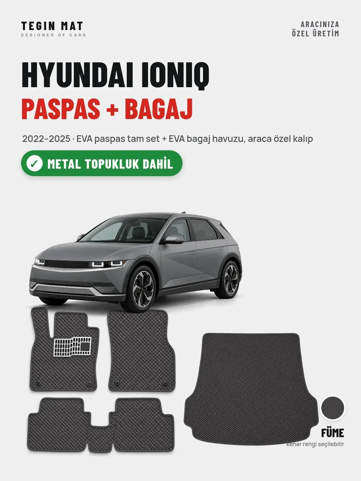 Hyundai Ioniq EVA Paspas + Bagaj Havuzu Seti (2022–2025) Füme – Metal Topukluk Dahil (1)