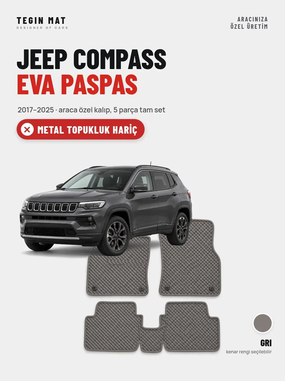 Jeep Compass EVA Oto Paspas Tam Set (2017–2025) Gri – Metal Topukluk Hariç (1)