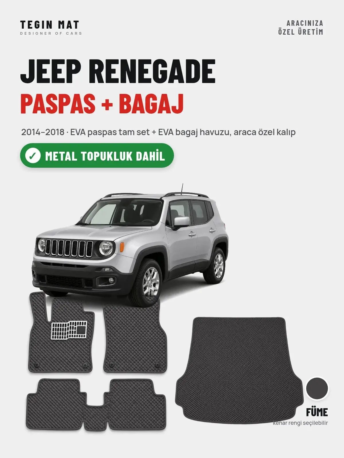 Jeep Renegade EVA Paspas + Bagaj Havuzu Seti (2014–2018) Füme – Metal Topukluk Dahil (1)